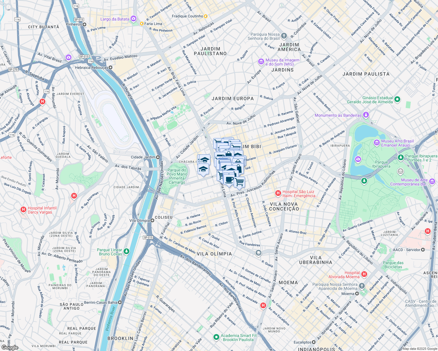 map of restaurants, bars, coffee shops, grocery stores, and more near Avenida Brigadeiro Faria Lima in São Paulo