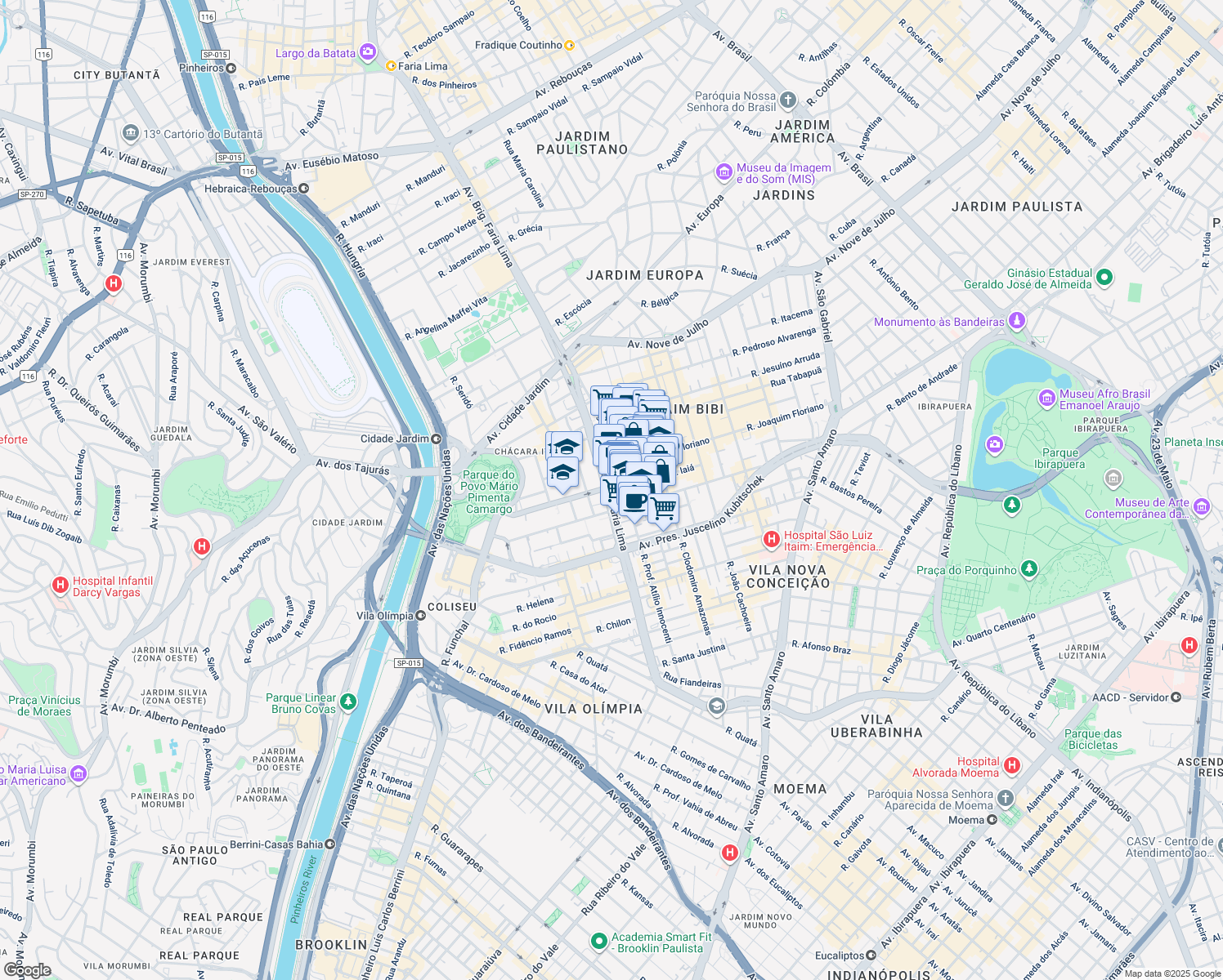 map of restaurants, bars, coffee shops, grocery stores, and more near 3555 Avenida Brigadeiro Faria Lima in São Paulo