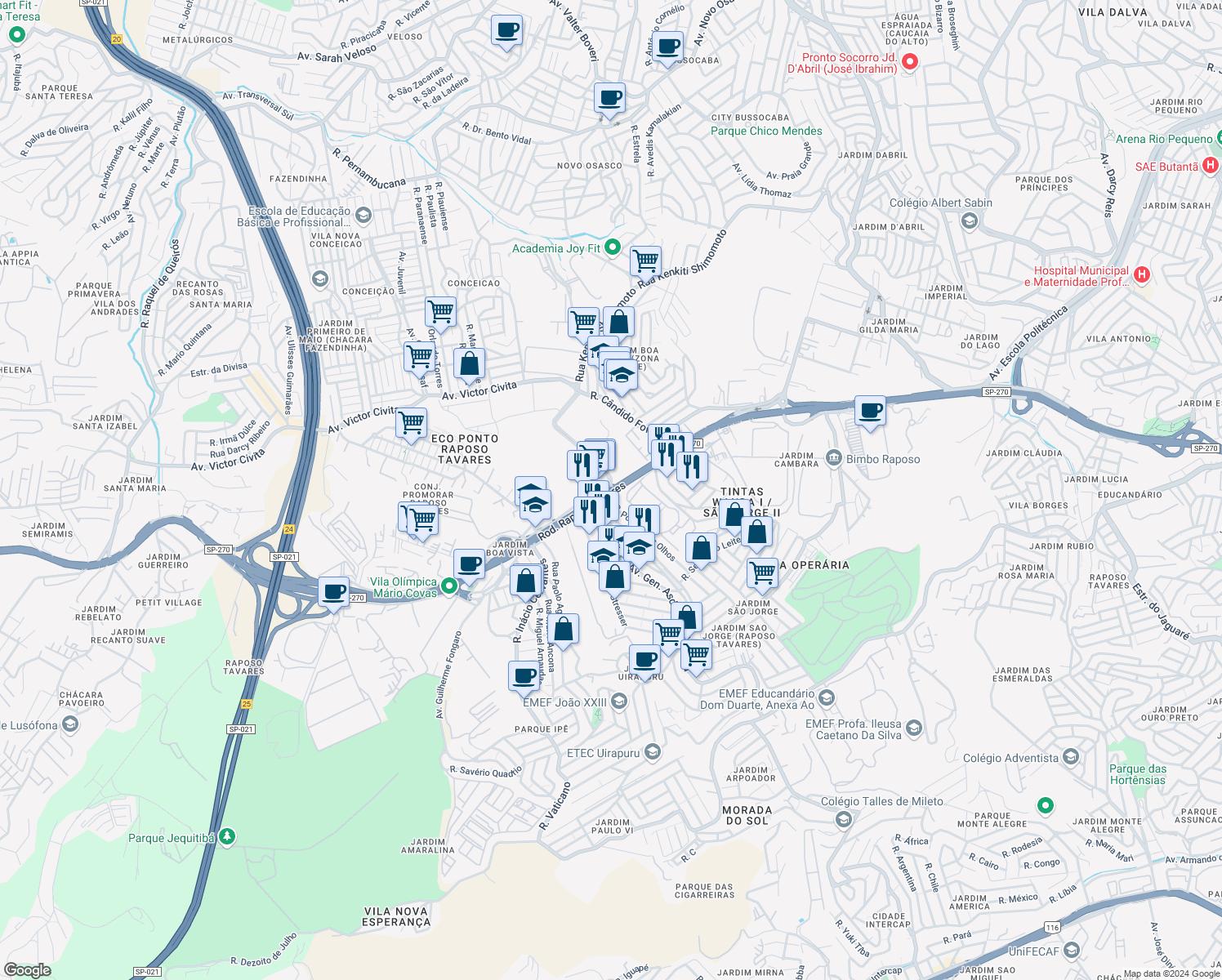map of restaurants, bars, coffee shops, grocery stores, and more near Rodovia Raposo Tavares in São Paulo