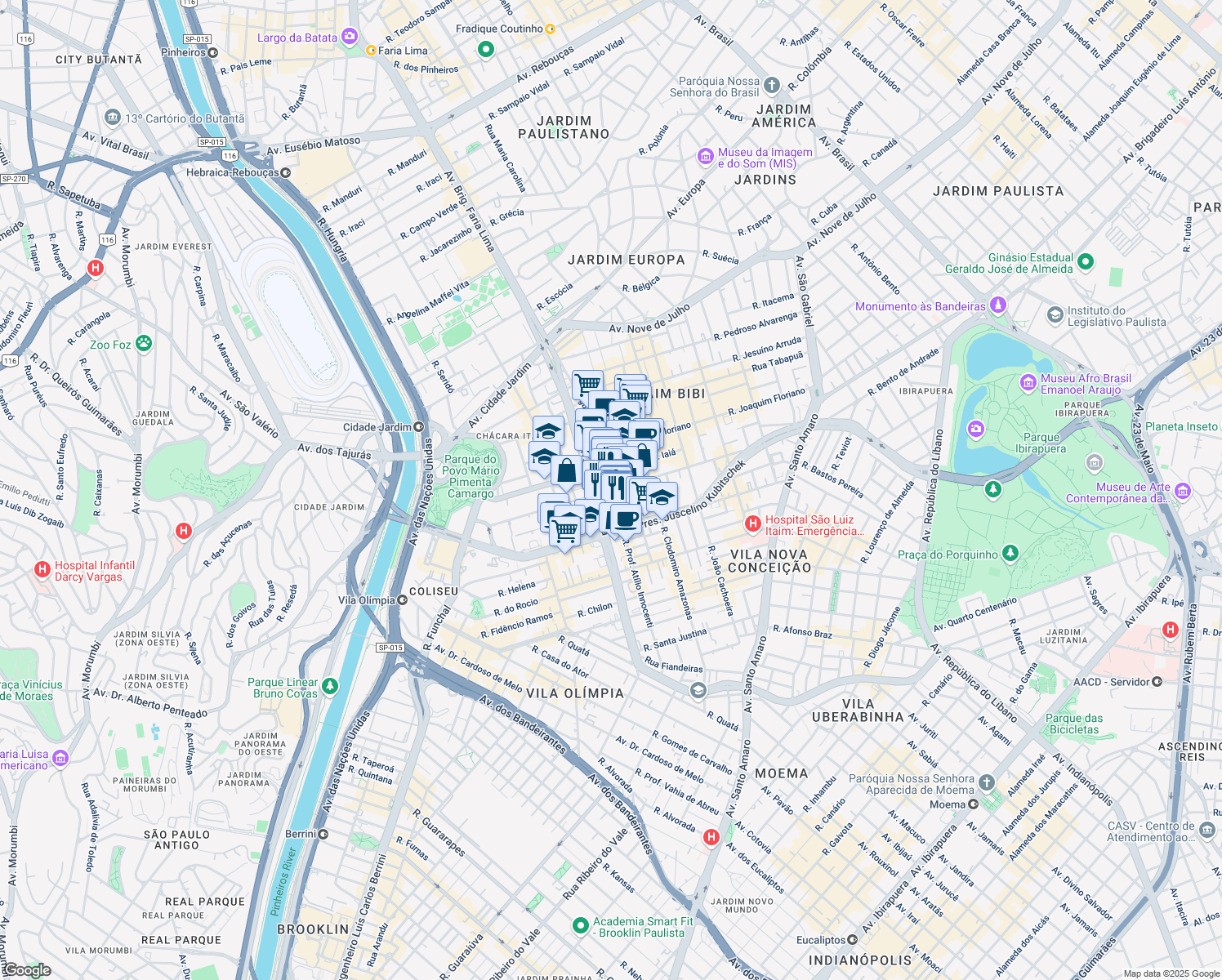 map of restaurants, bars, coffee shops, grocery stores, and more near 165 Rua Professor Atílio Innocenti in São Paulo