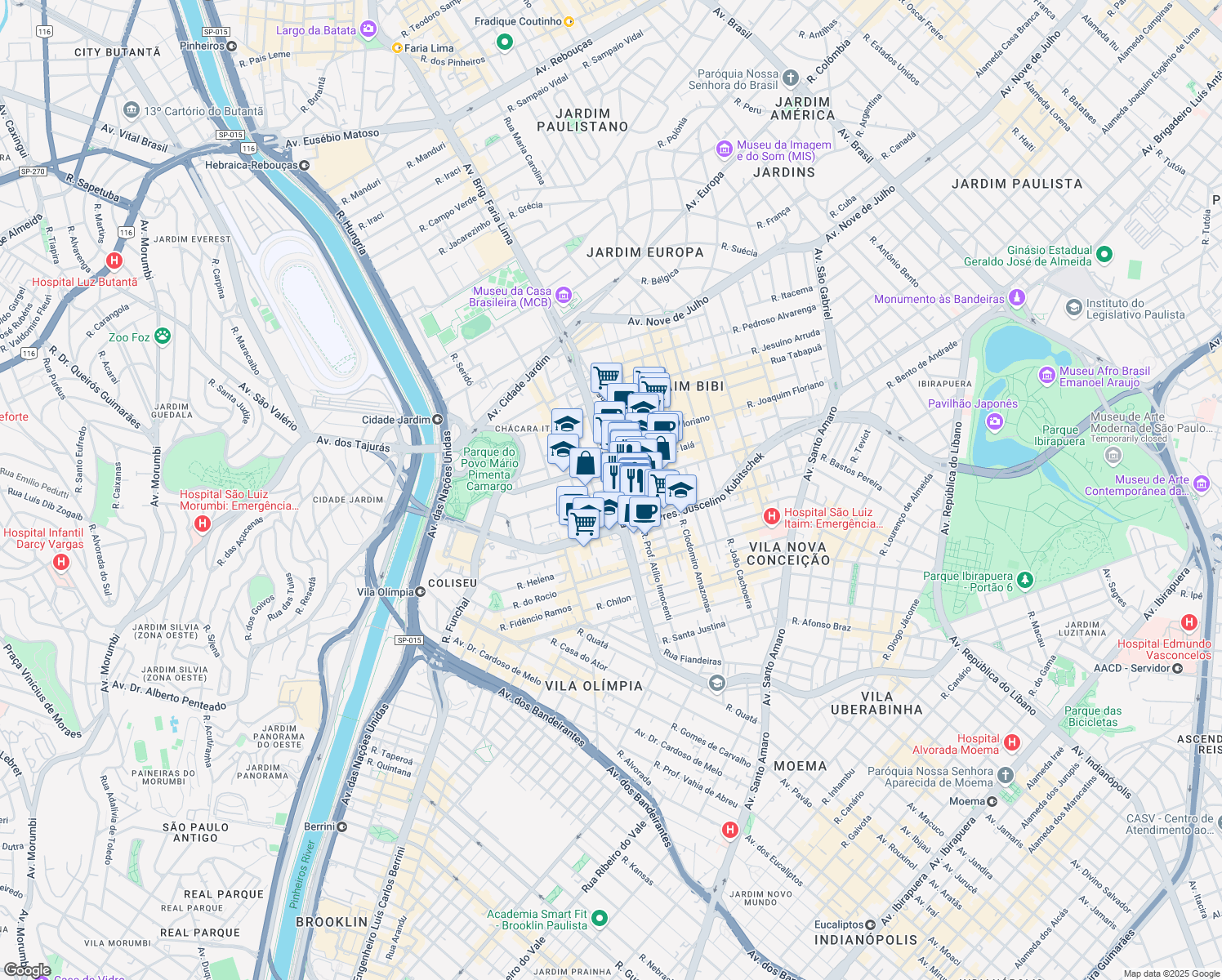 map of restaurants, bars, coffee shops, grocery stores, and more near 3732 Avenida Brigadeiro Faria Lima in São Paulo