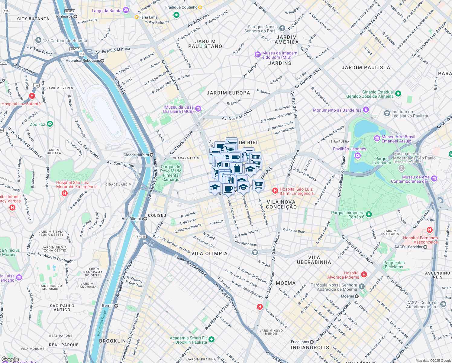 map of restaurants, bars, coffee shops, grocery stores, and more near 165 Rua Professor Atílio Innocenti in São Paulo