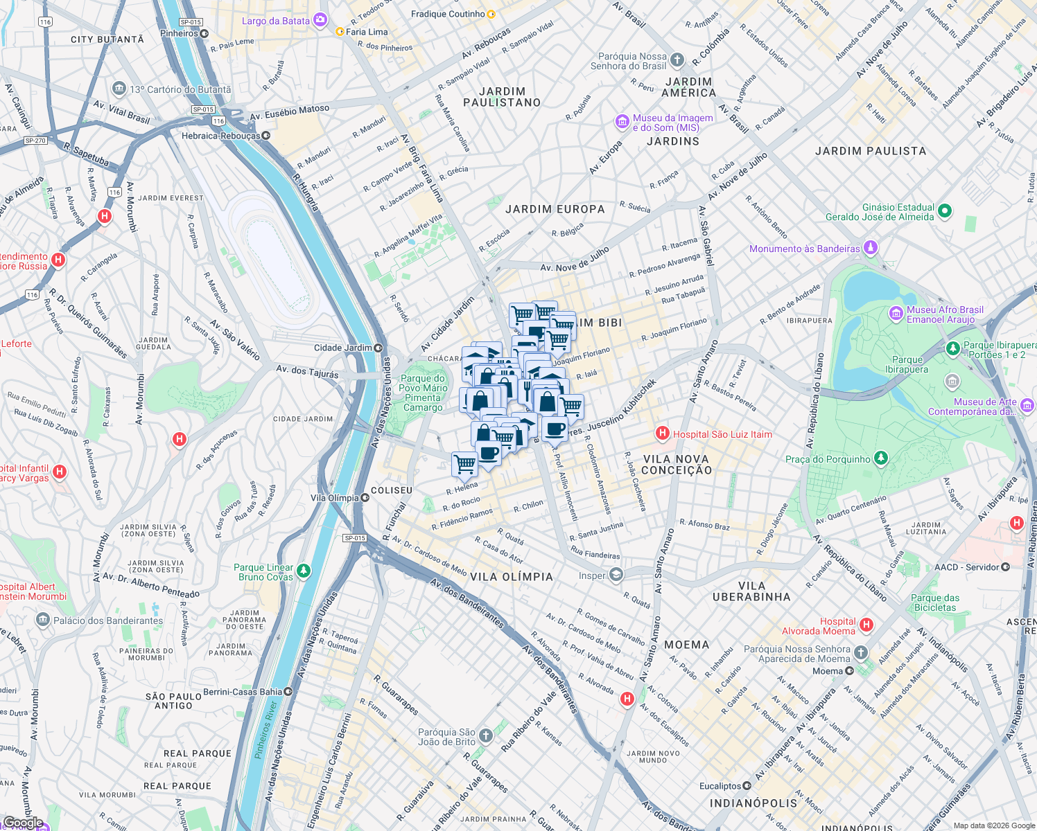 map of restaurants, bars, coffee shops, grocery stores, and more near 3732 Avenida Brigadeiro Faria Lima in São Paulo