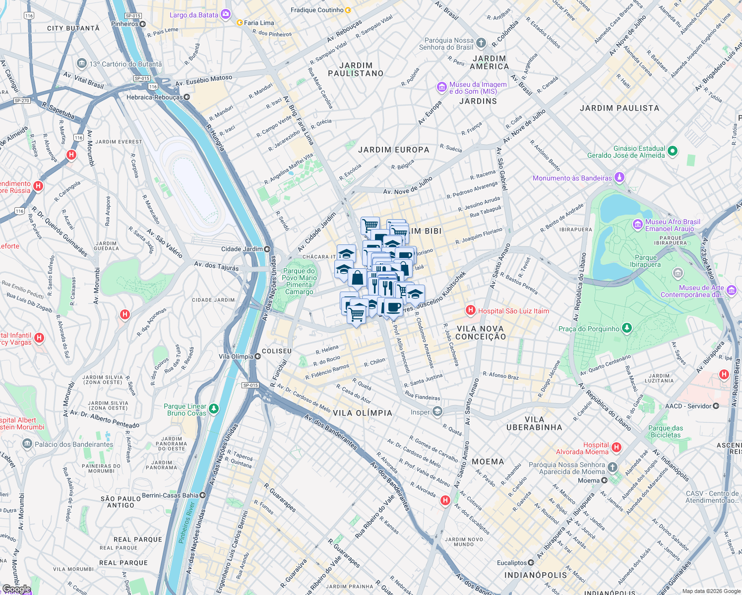 map of restaurants, bars, coffee shops, grocery stores, and more near 3732 Avenida Brigadeiro Faria Lima in São Paulo