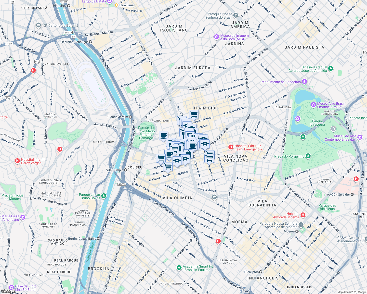 map of restaurants, bars, coffee shops, grocery stores, and more near 3900 Avenida Brigadeiro Faria Lima in São Paulo