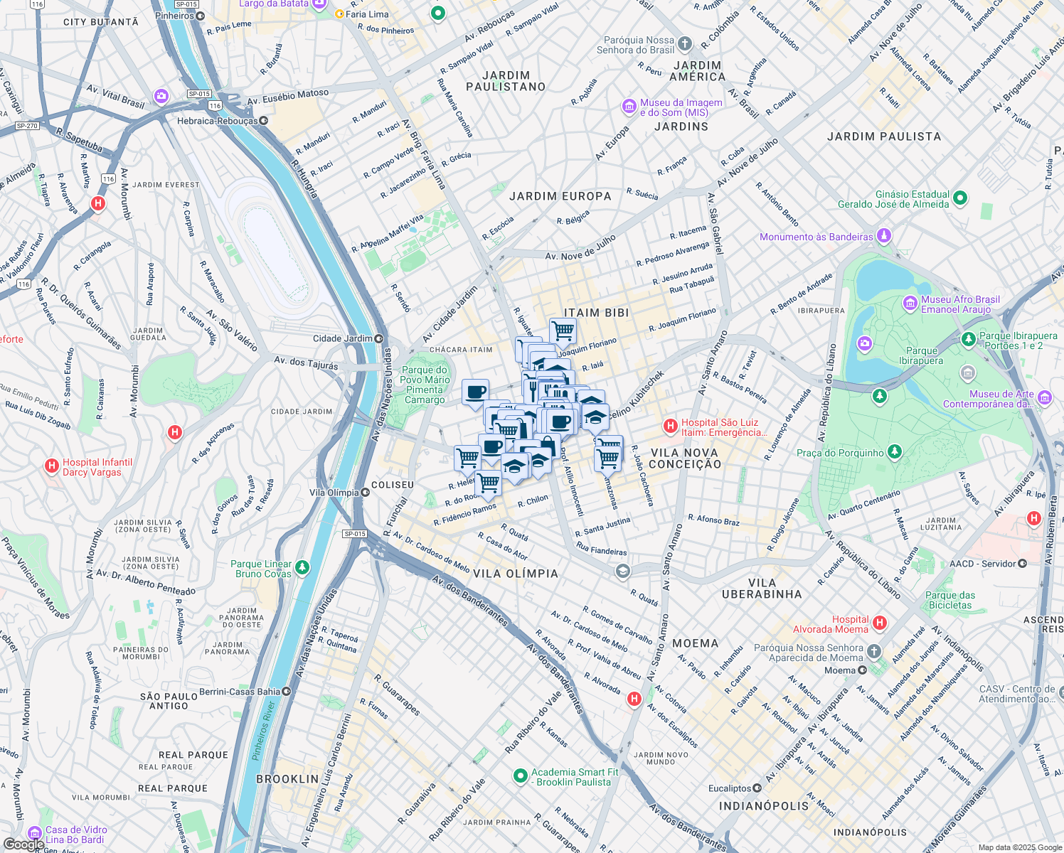 map of restaurants, bars, coffee shops, grocery stores, and more near 3900 Avenida Brigadeiro Faria Lima in São Paulo