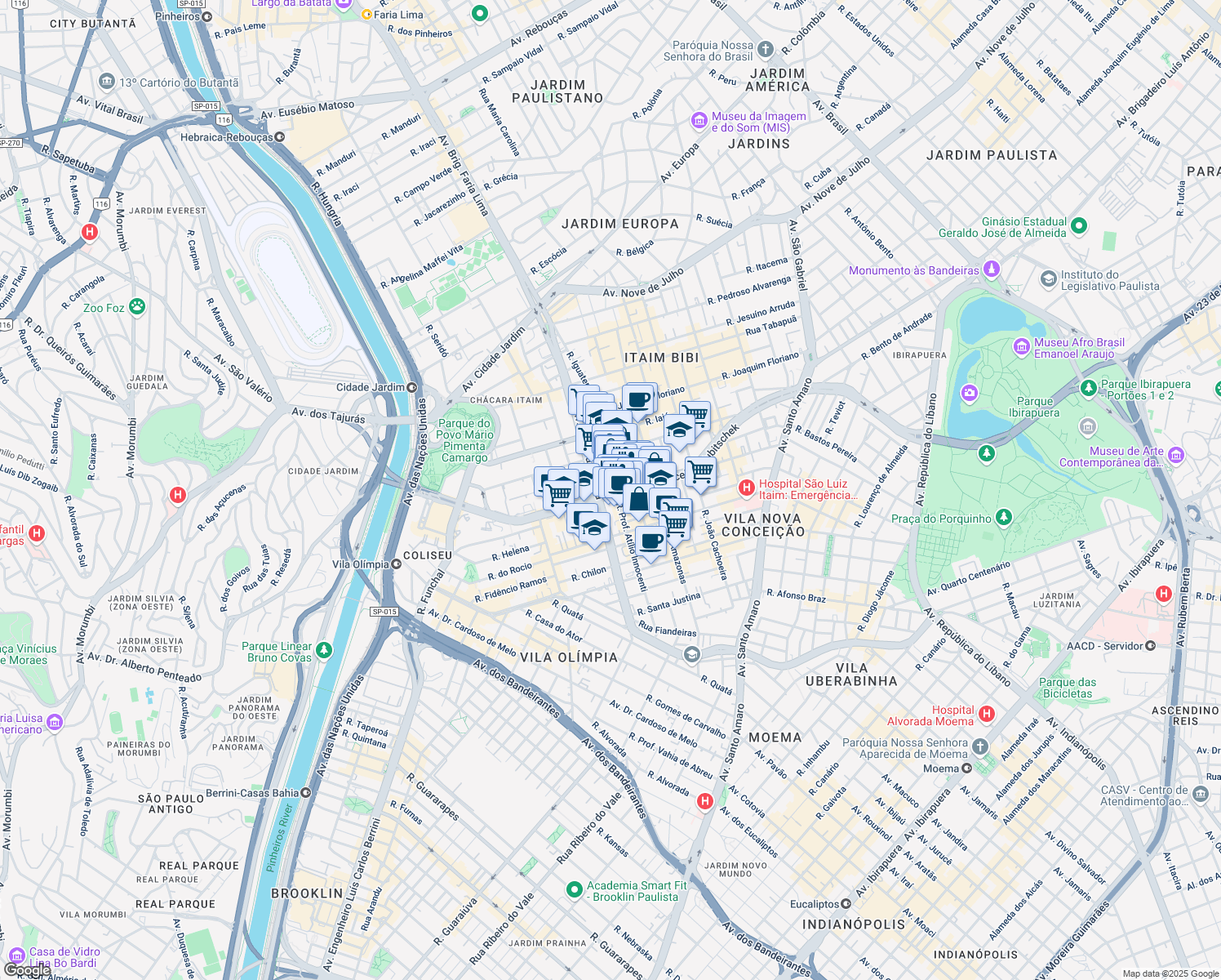 map of restaurants, bars, coffee shops, grocery stores, and more near 1180 Avenida Presidente Juscelino Kubitschek in São Paulo