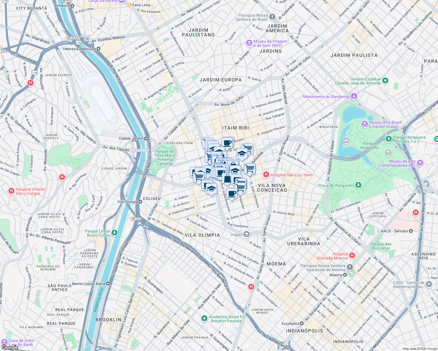 map of restaurants, bars, coffee shops, grocery stores, and more near Avenida Presidente Juscelino Kubitschek in São Paulo