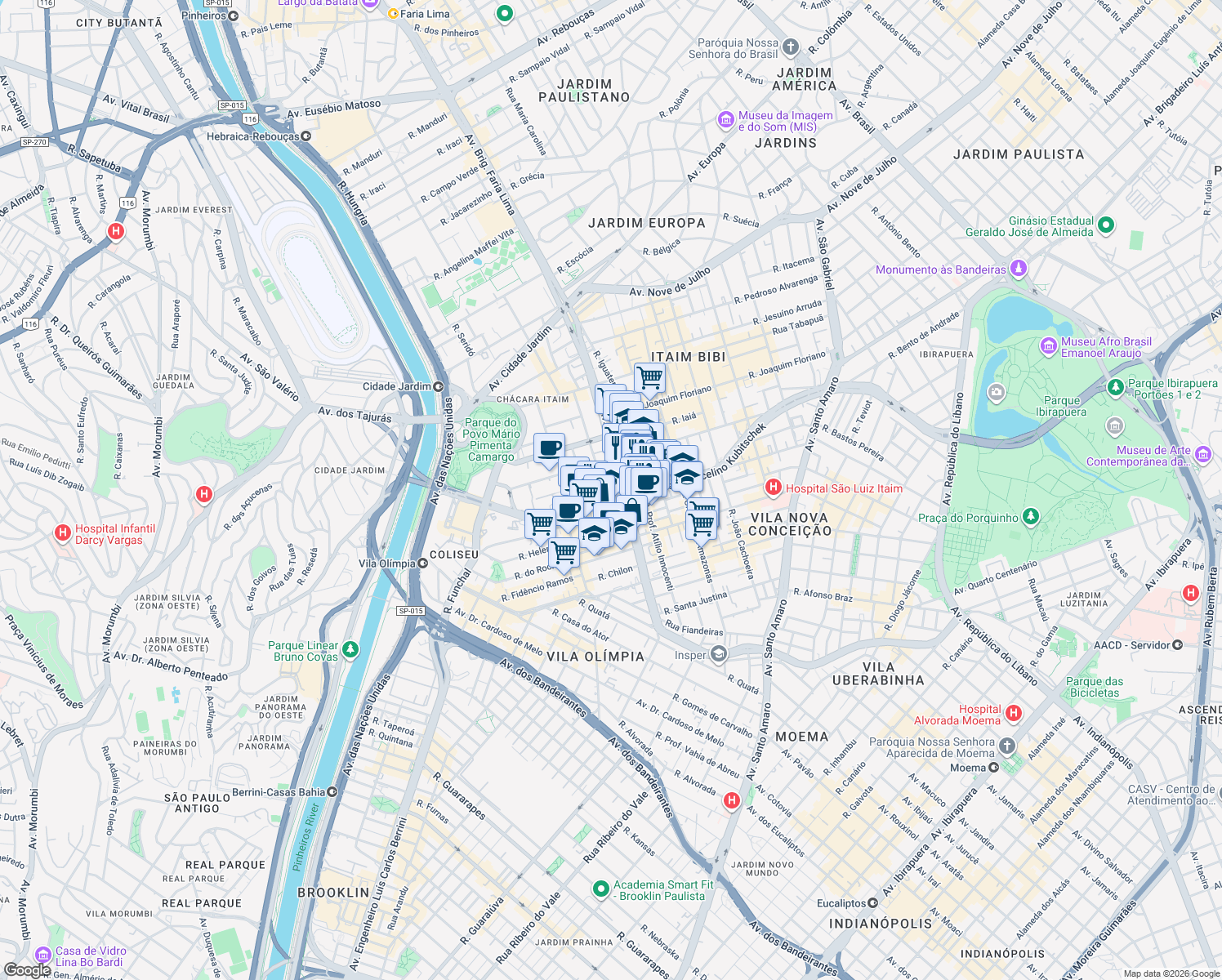 map of restaurants, bars, coffee shops, grocery stores, and more near 3900 Avenida Brigadeiro Faria Lima in SP