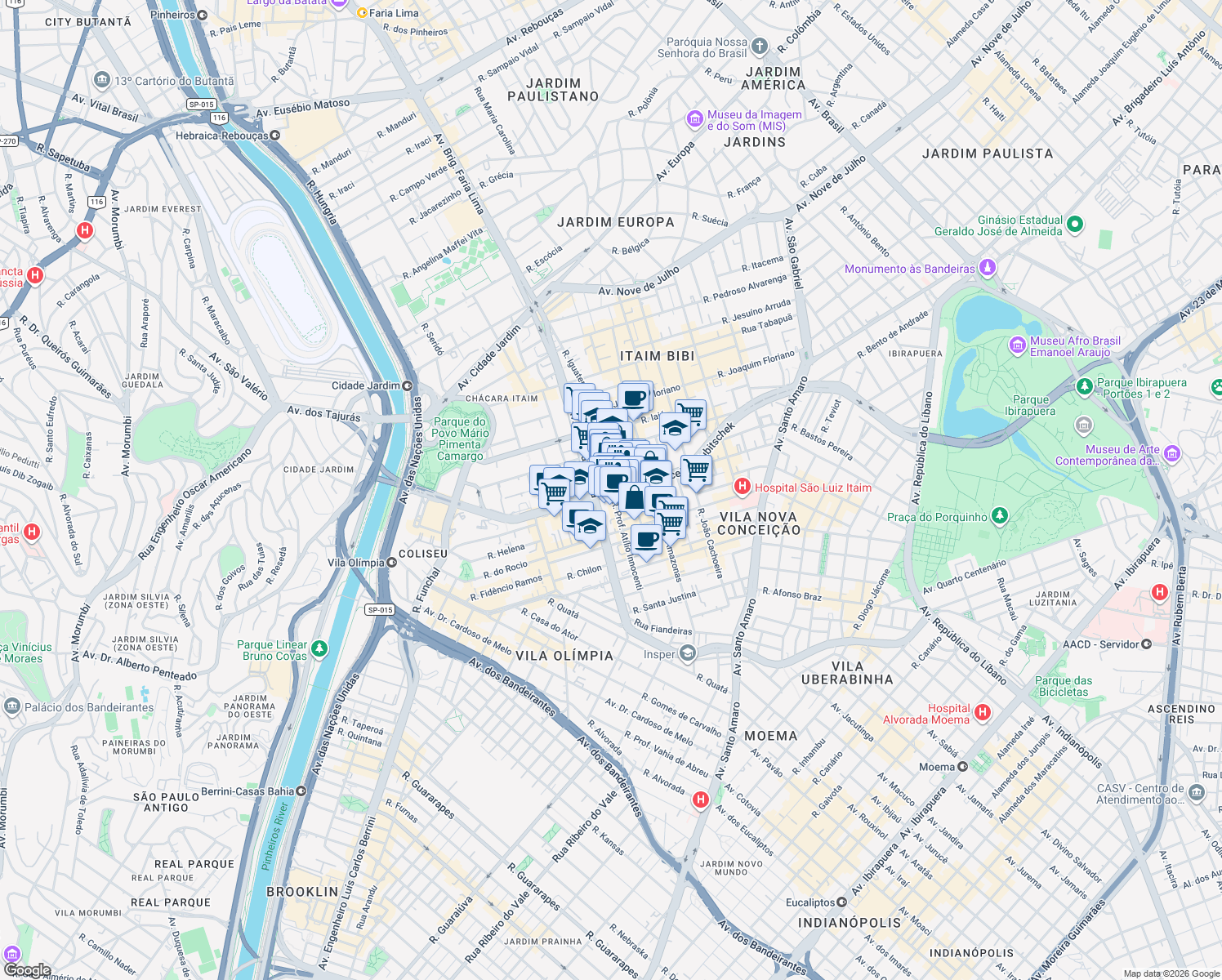 map of restaurants, bars, coffee shops, grocery stores, and more near Avenida Presidente Juscelino Kubitschek in São Paulo