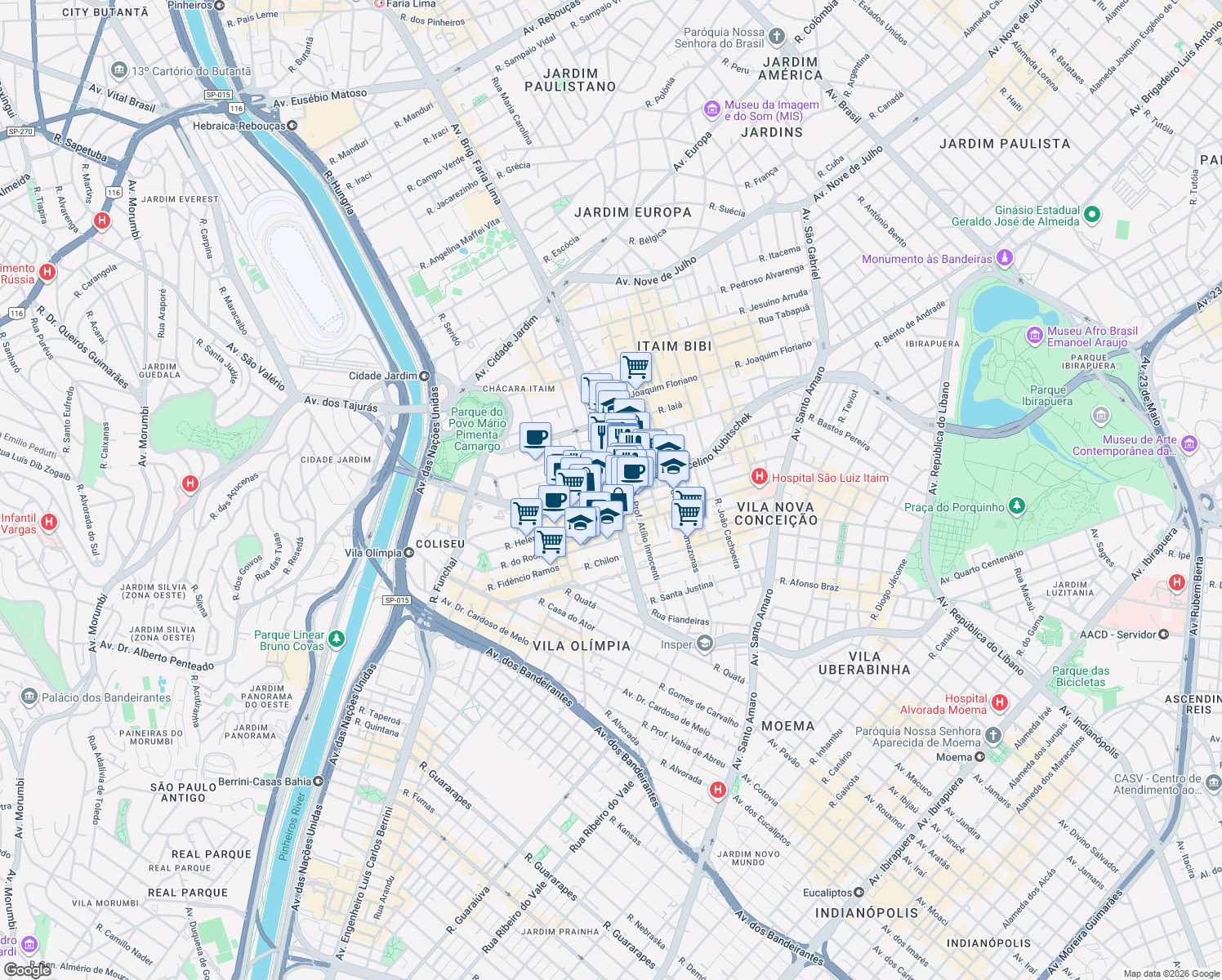map of restaurants, bars, coffee shops, grocery stores, and more near 3430 Avenida Brigadeiro Faria Lima in São Paulo