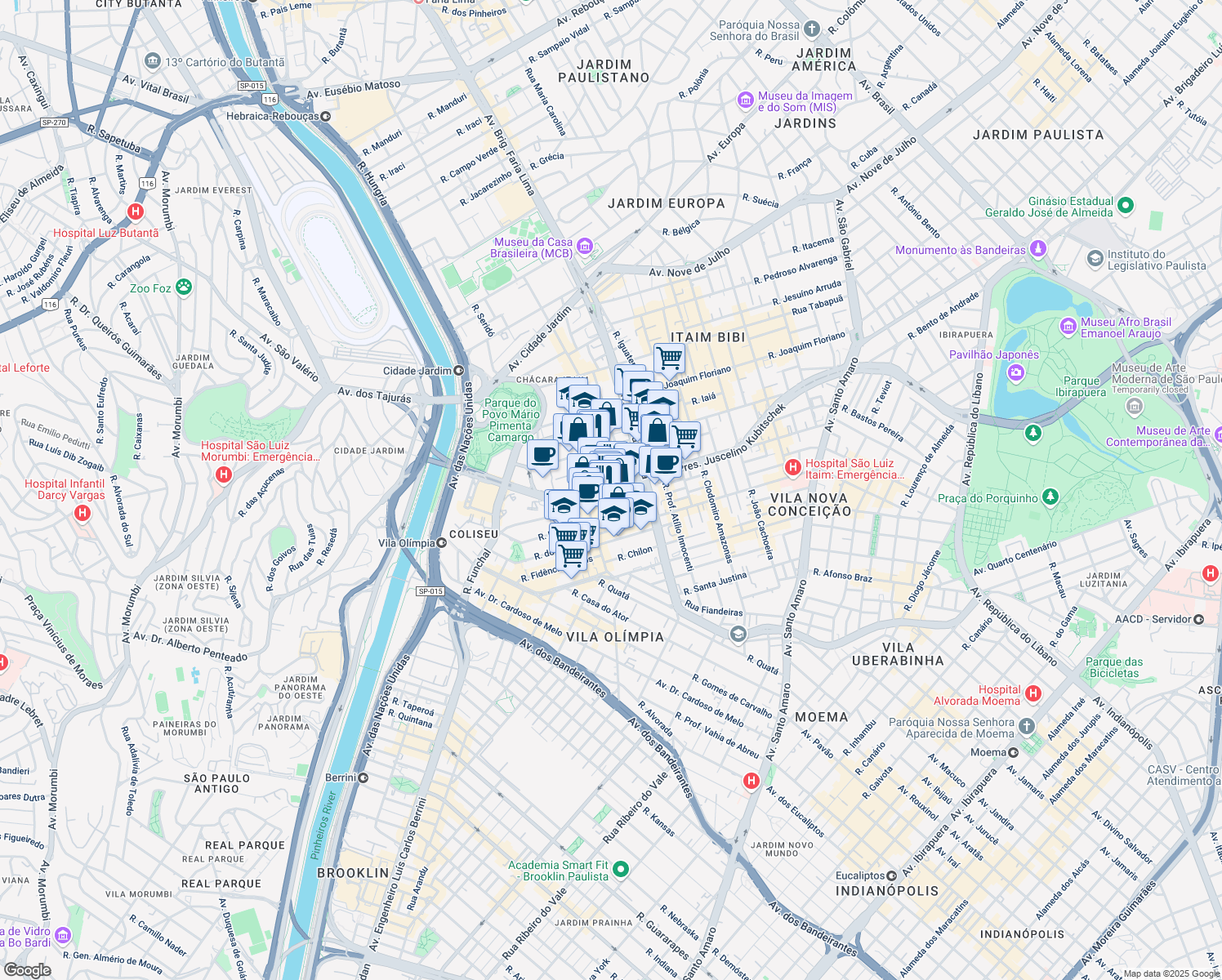 map of restaurants, bars, coffee shops, grocery stores, and more near 1455 Avenida Presidente Juscelino Kubitschek in São Paulo