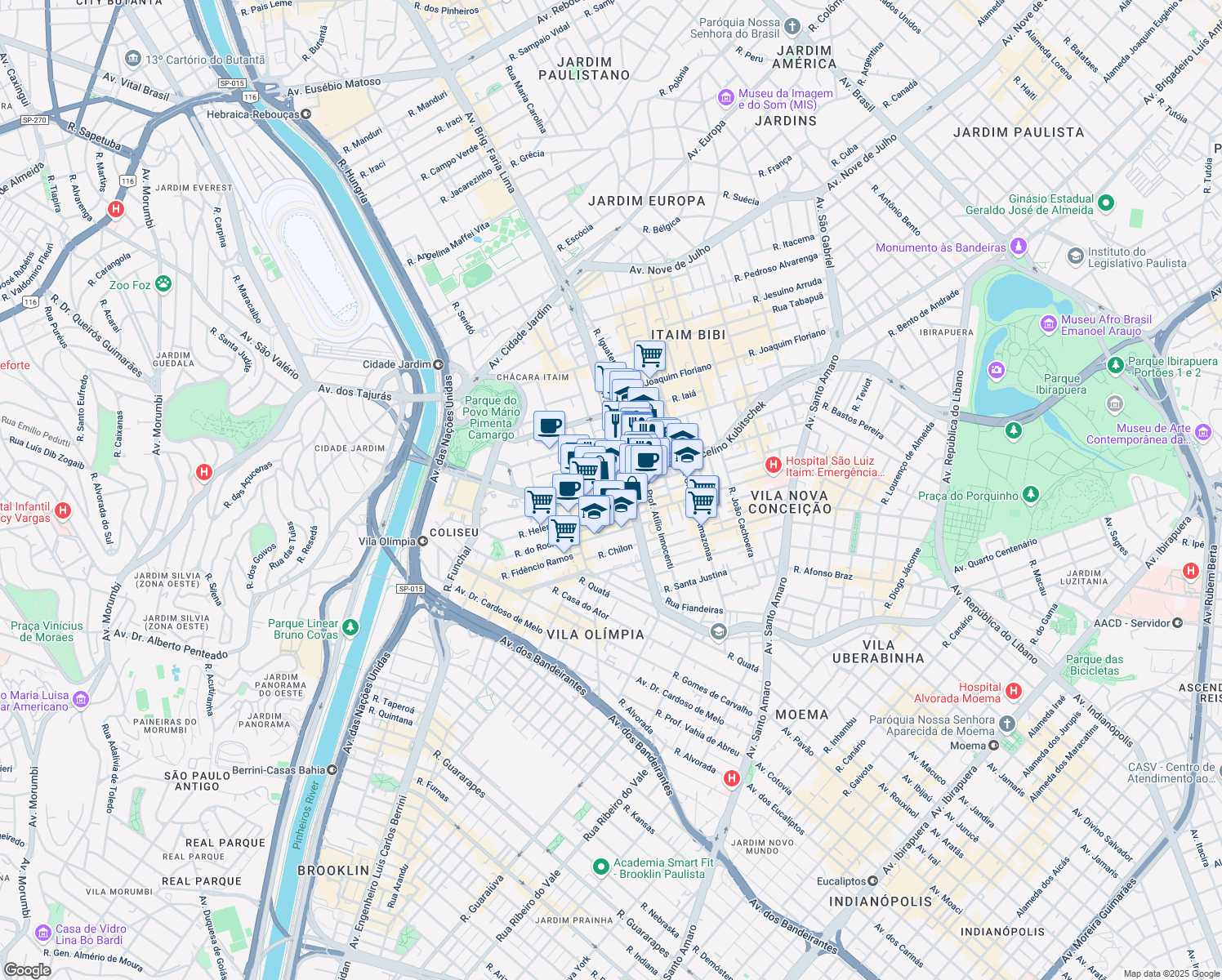 map of restaurants, bars, coffee shops, grocery stores, and more near 4100 Avenida Brigadeiro Faria Lima in São Paulo