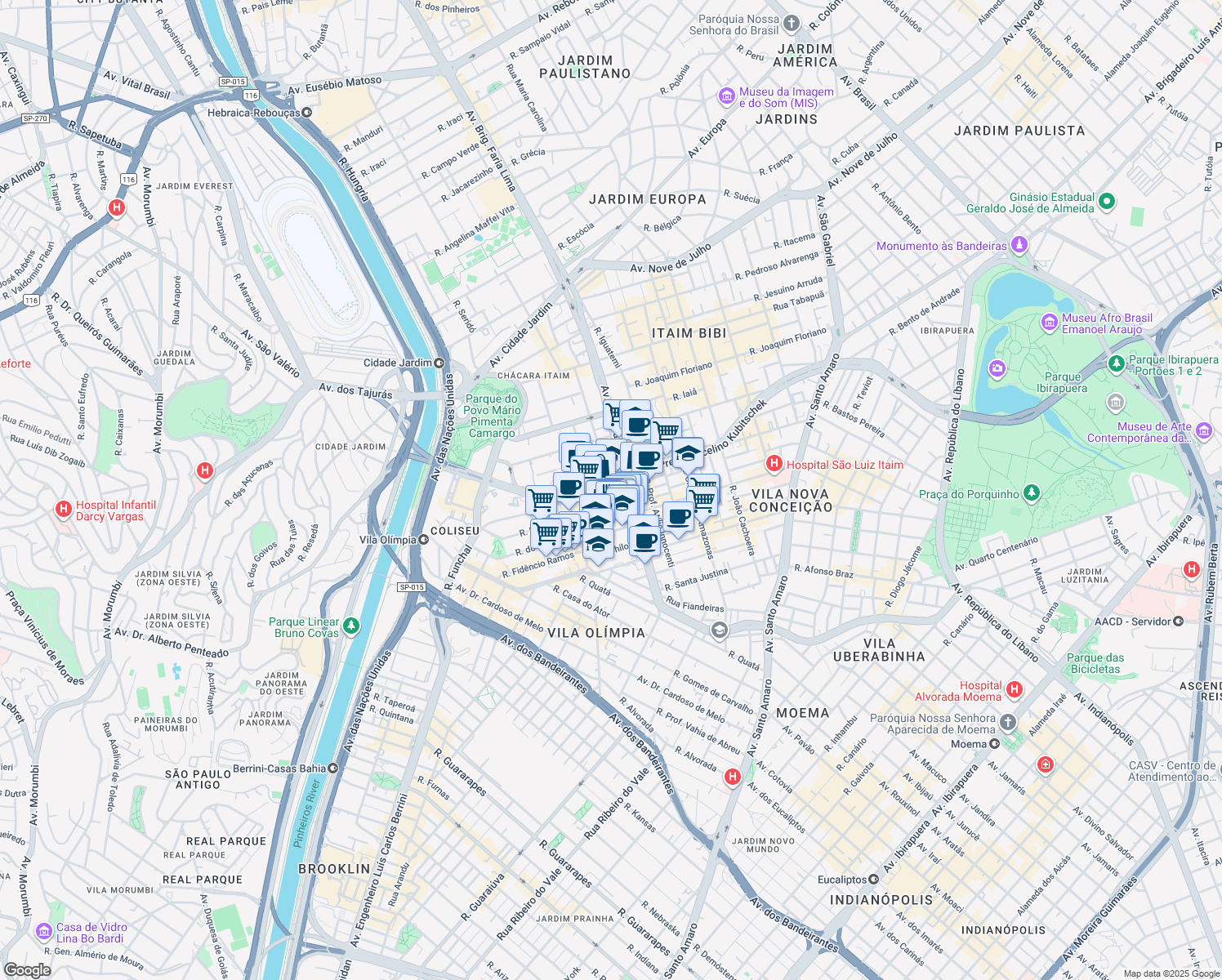 map of restaurants, bars, coffee shops, grocery stores, and more near 1327 Avenida Presidente Juscelino Kubitschek in São Paulo