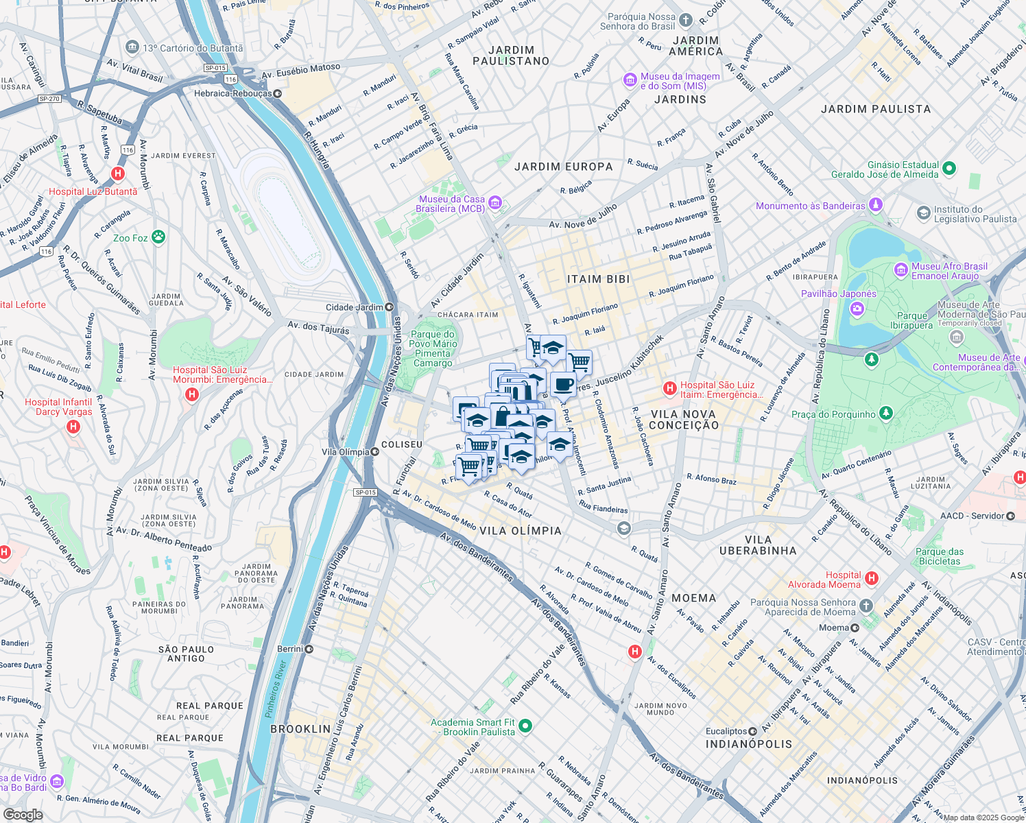 map of restaurants, bars, coffee shops, grocery stores, and more near 2041 Avenida Presidente Juscelino Kubitschek in São Paulo