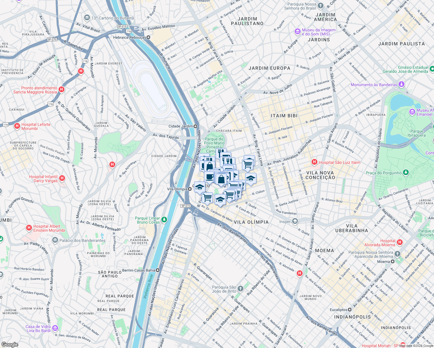 map of restaurants, bars, coffee shops, grocery stores, and more near 1909 Avenida Presidente Juscelino Kubitschek in São Paulo
