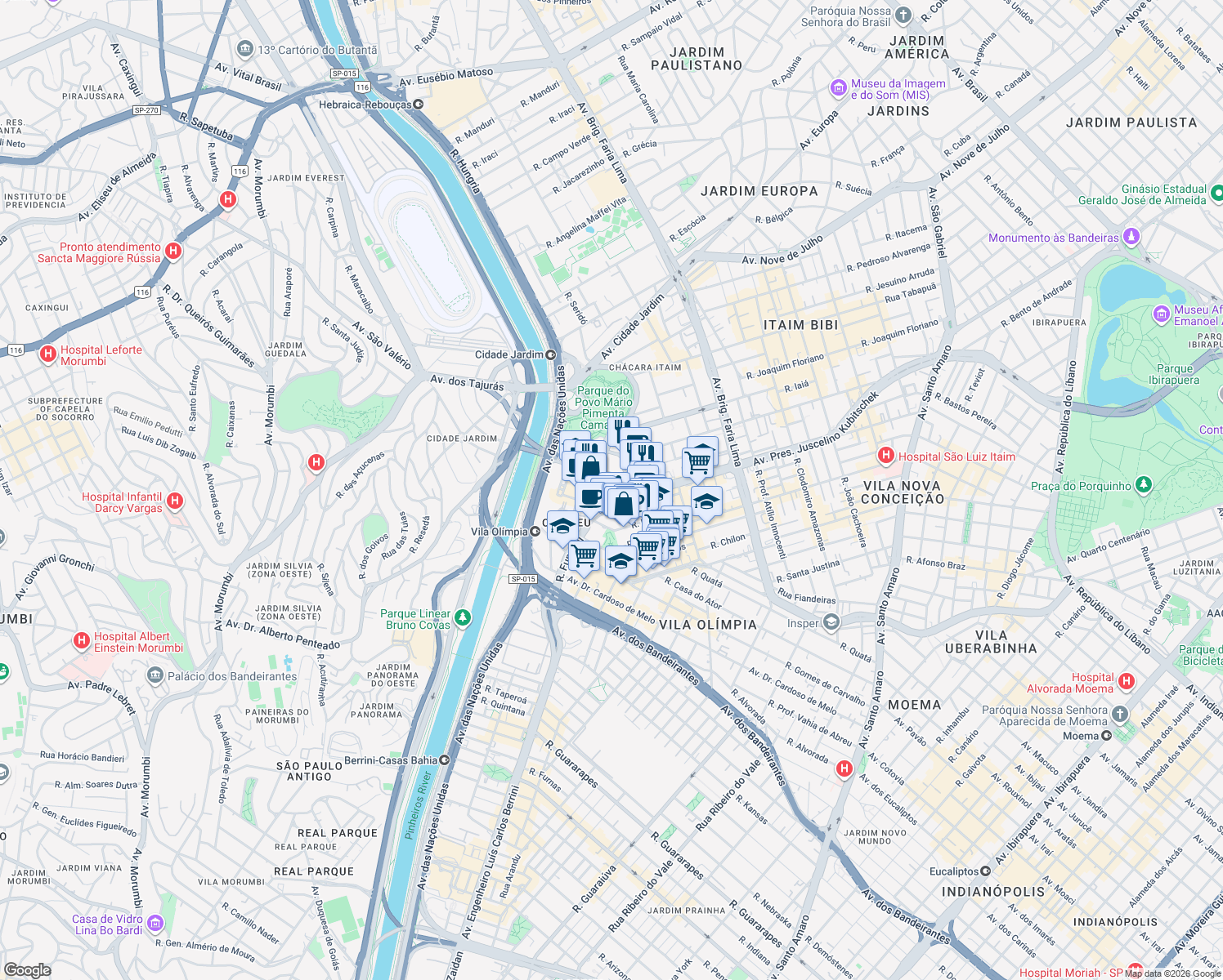 map of restaurants, bars, coffee shops, grocery stores, and more near 1909 Avenida Presidente Juscelino Kubitschek in São Paulo