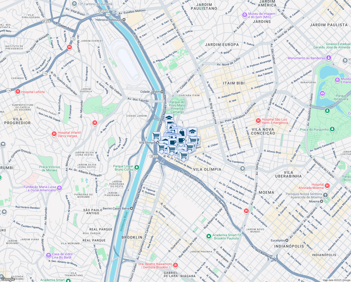 map of restaurants, bars, coffee shops, grocery stores, and more near 263 Rua Funchal in São Paulo