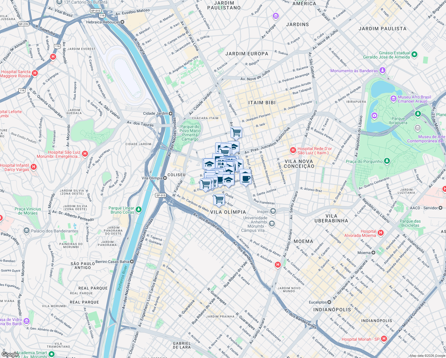 map of restaurants, bars, coffee shops, grocery stores, and more near 361 Rua Ramos Batista in São Paulo