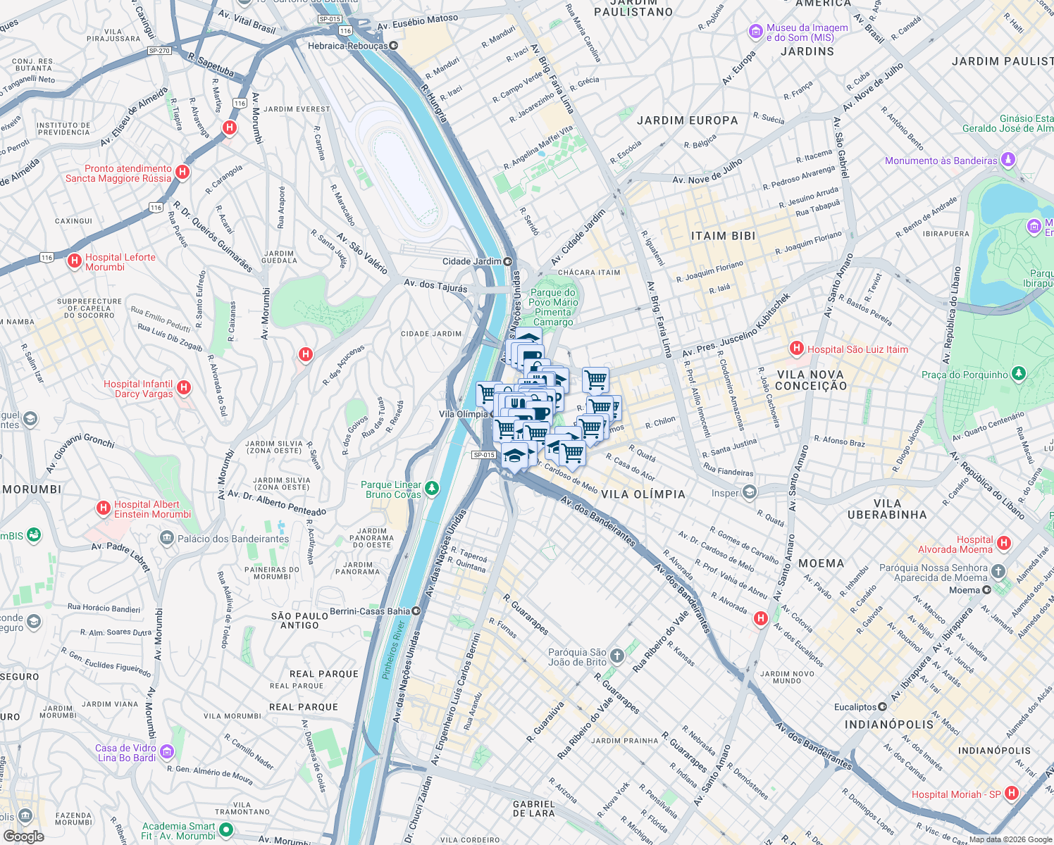 map of restaurants, bars, coffee shops, grocery stores, and more near 418 Rua Funchal in São Paulo
