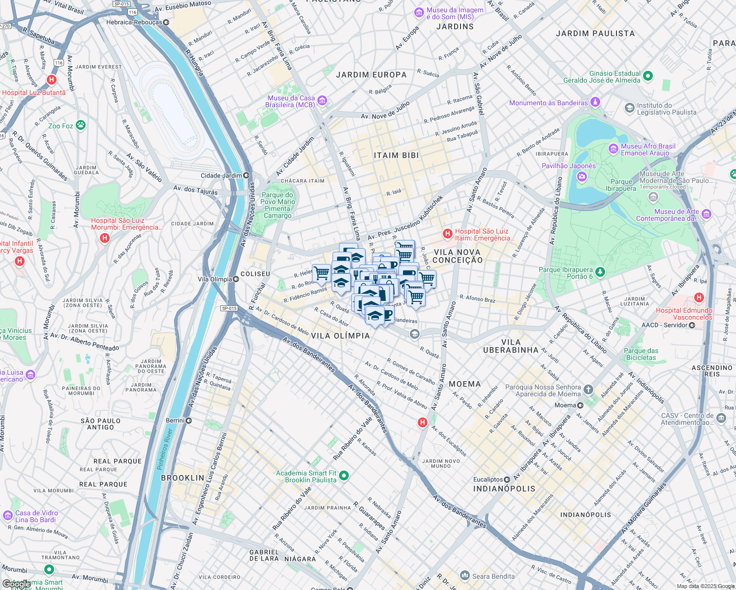 map of restaurants, bars, coffee shops, grocery stores, and more near 4400 Avenida Brigadeiro Faria Lima in São Paulo