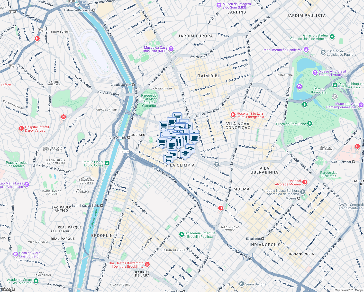 map of restaurants, bars, coffee shops, grocery stores, and more near 940 Rua Fiandeiras in São Paulo