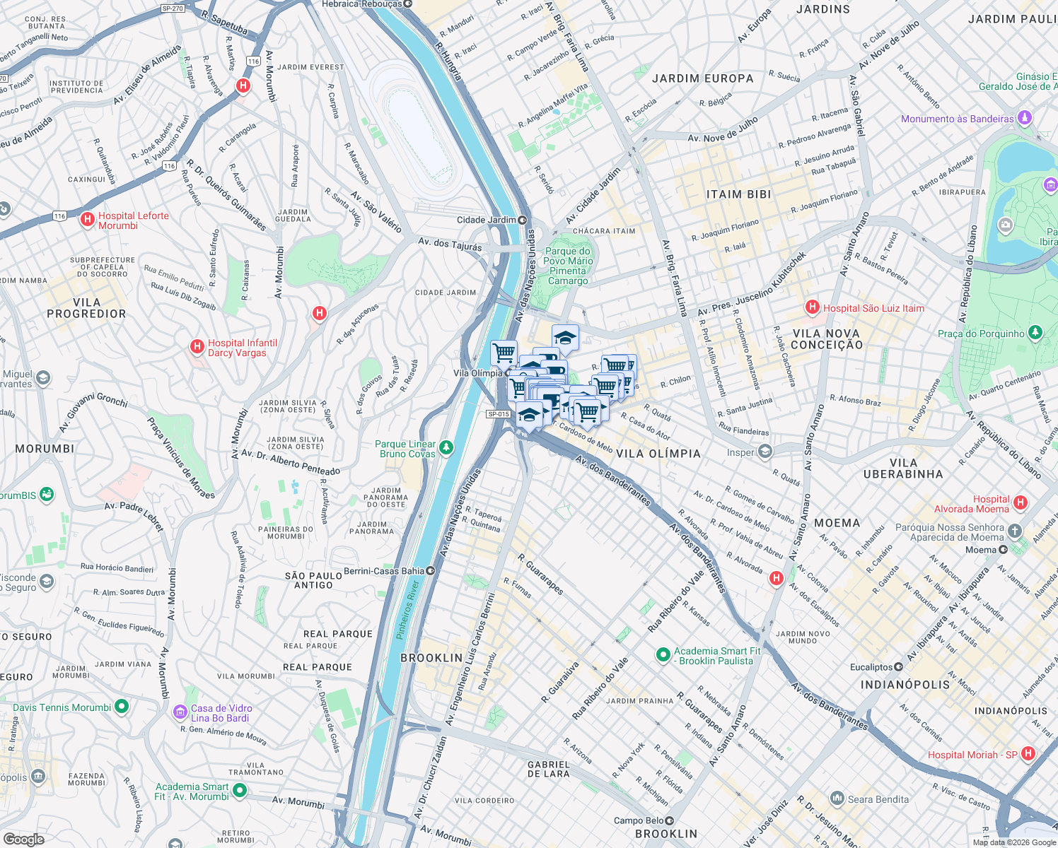 map of restaurants, bars, coffee shops, grocery stores, and more near 418 Rua Funchal in São Paulo