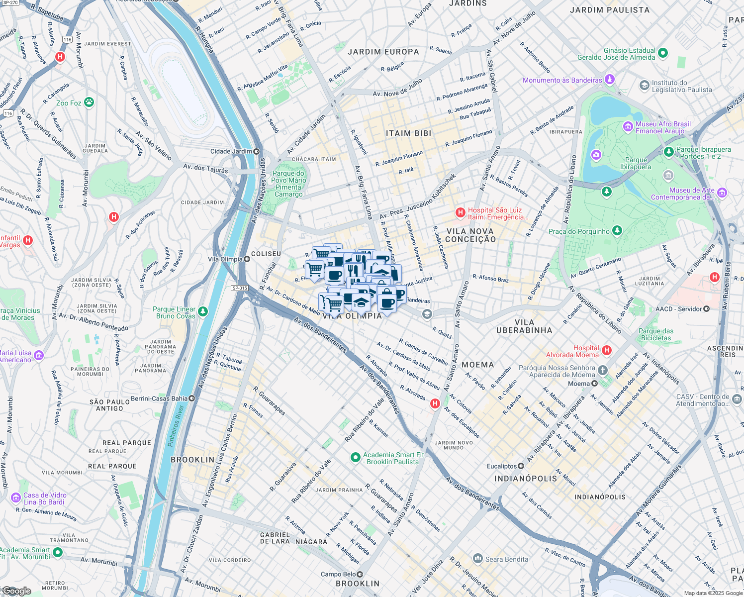 map of restaurants, bars, coffee shops, grocery stores, and more near 821 Rua Quatá in São Paulo
