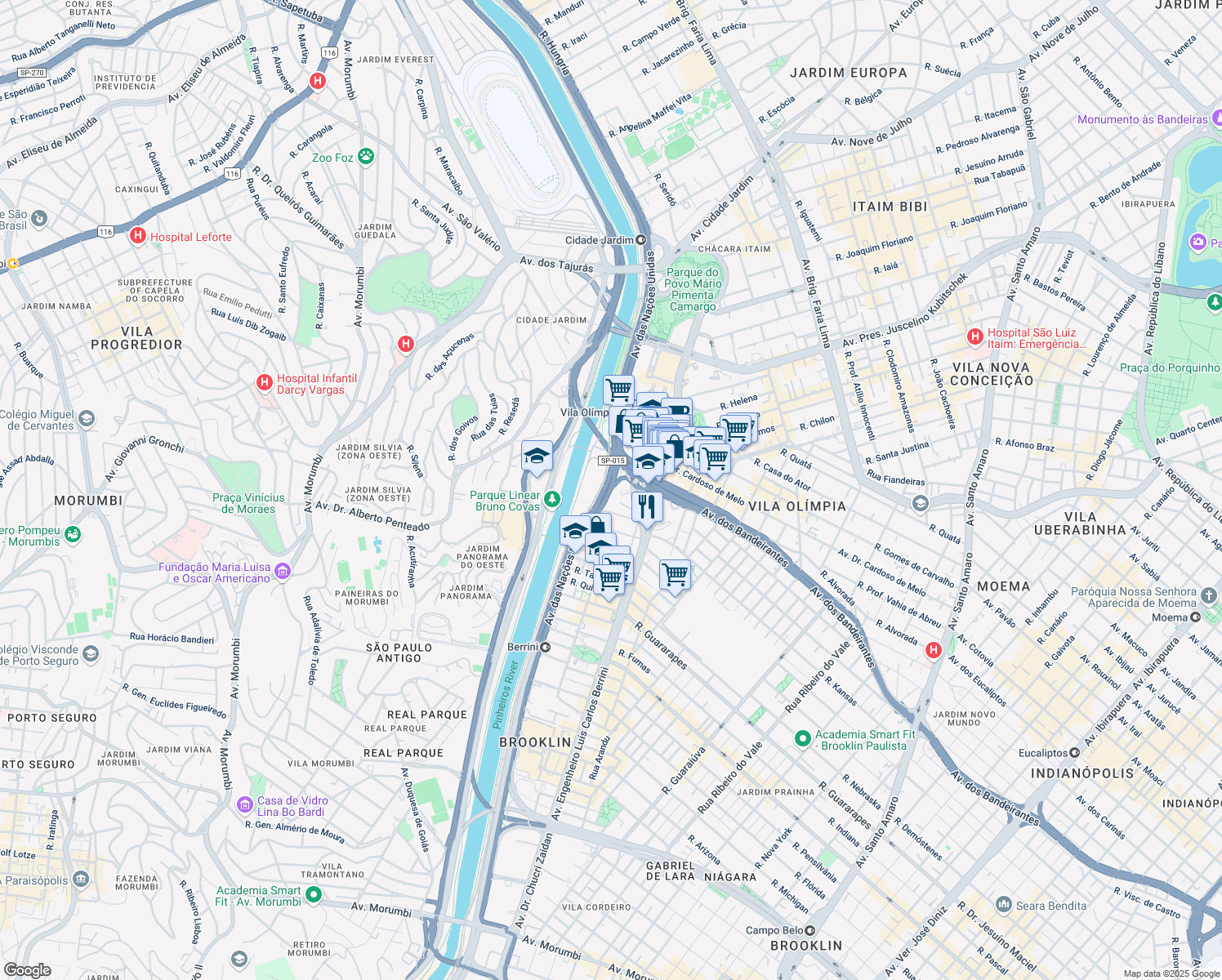 map of restaurants, bars, coffee shops, grocery stores, and more near 14261 Avenida das Nações Unidas in São Paulo