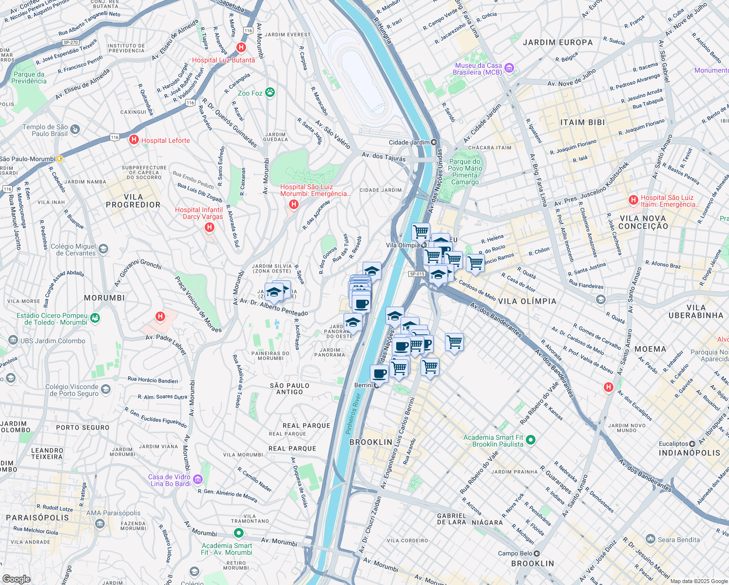 map of restaurants, bars, coffee shops, grocery stores, and more near Avenida Magalhães de Castro in São Paulo