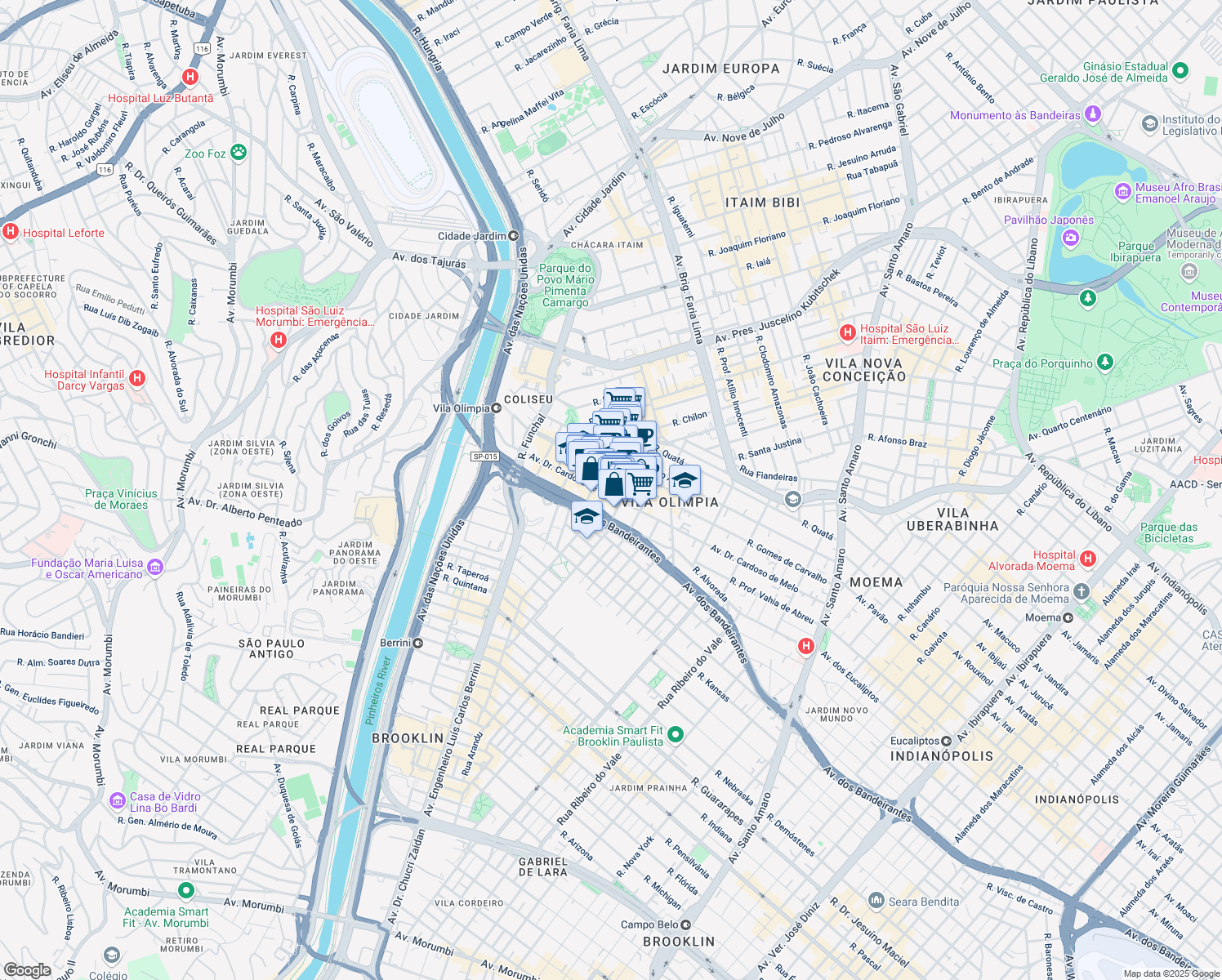 map of restaurants, bars, coffee shops, grocery stores, and more near 1308 Avenida Doutor Cardoso de Melo in São Paulo