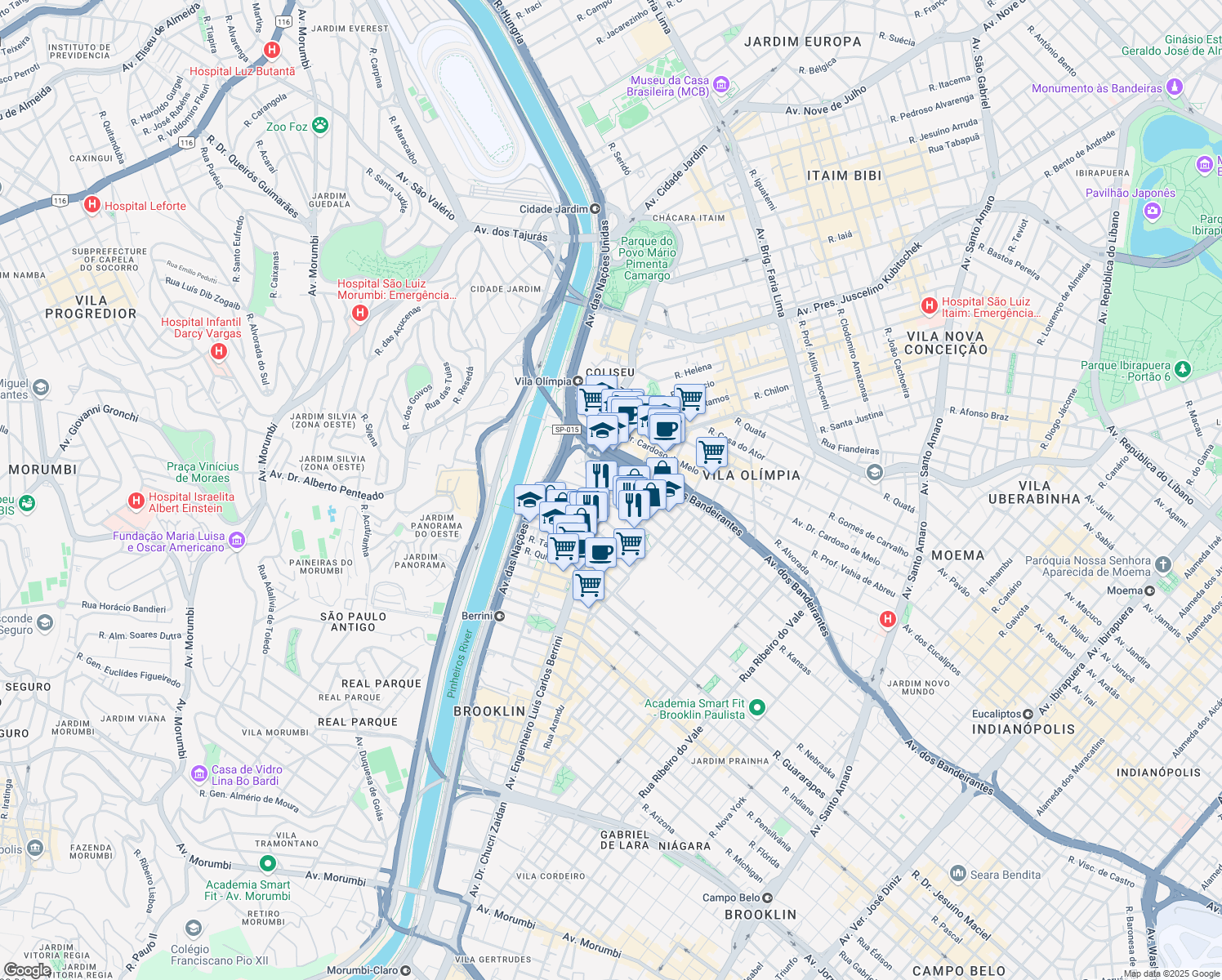 map of restaurants, bars, coffee shops, grocery stores, and more near 105 Avenida Engenheiro Luís Carlos Berrini in São Paulo