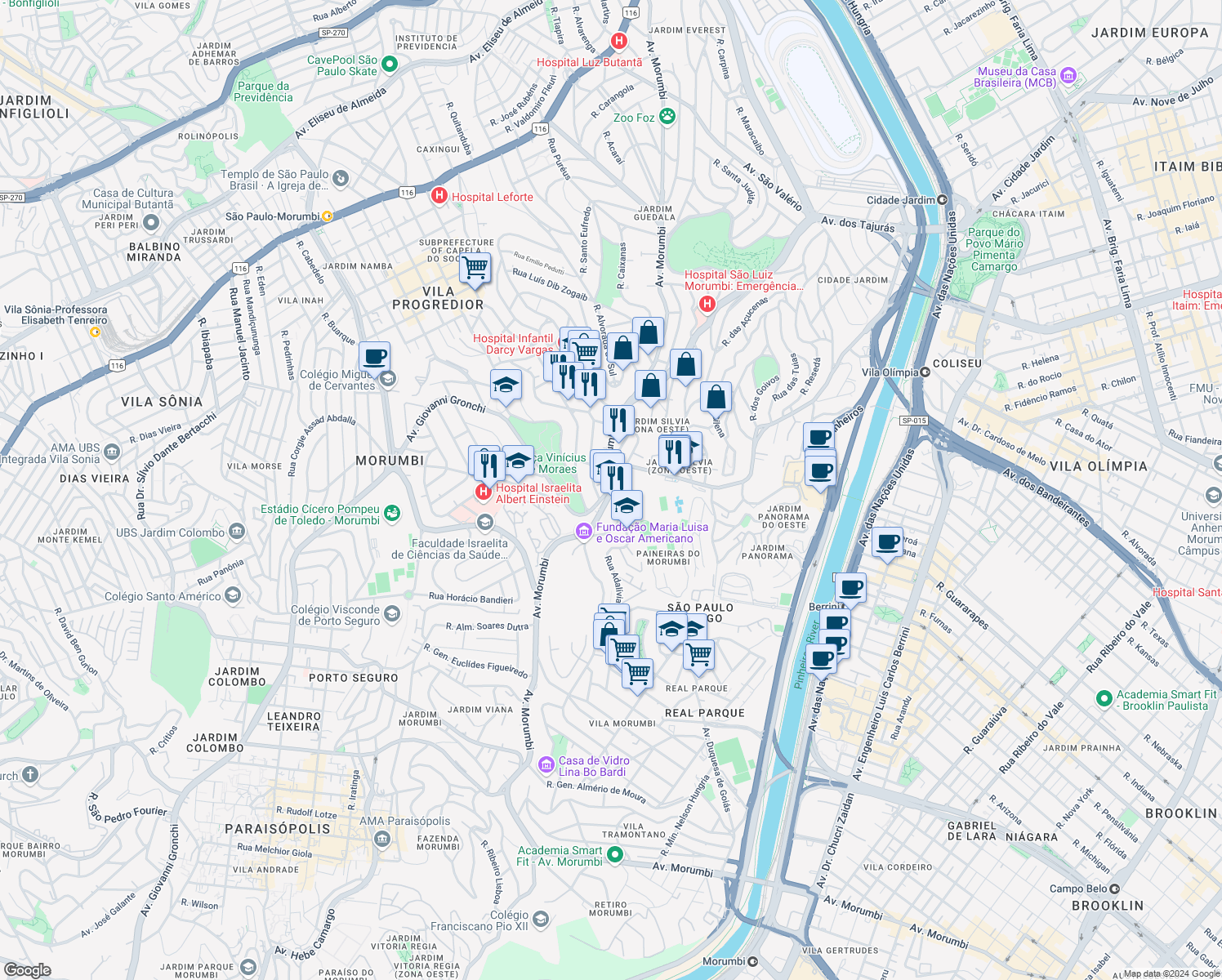 map of restaurants, bars, coffee shops, grocery stores, and more near Avenida Morumbi in São Paulo