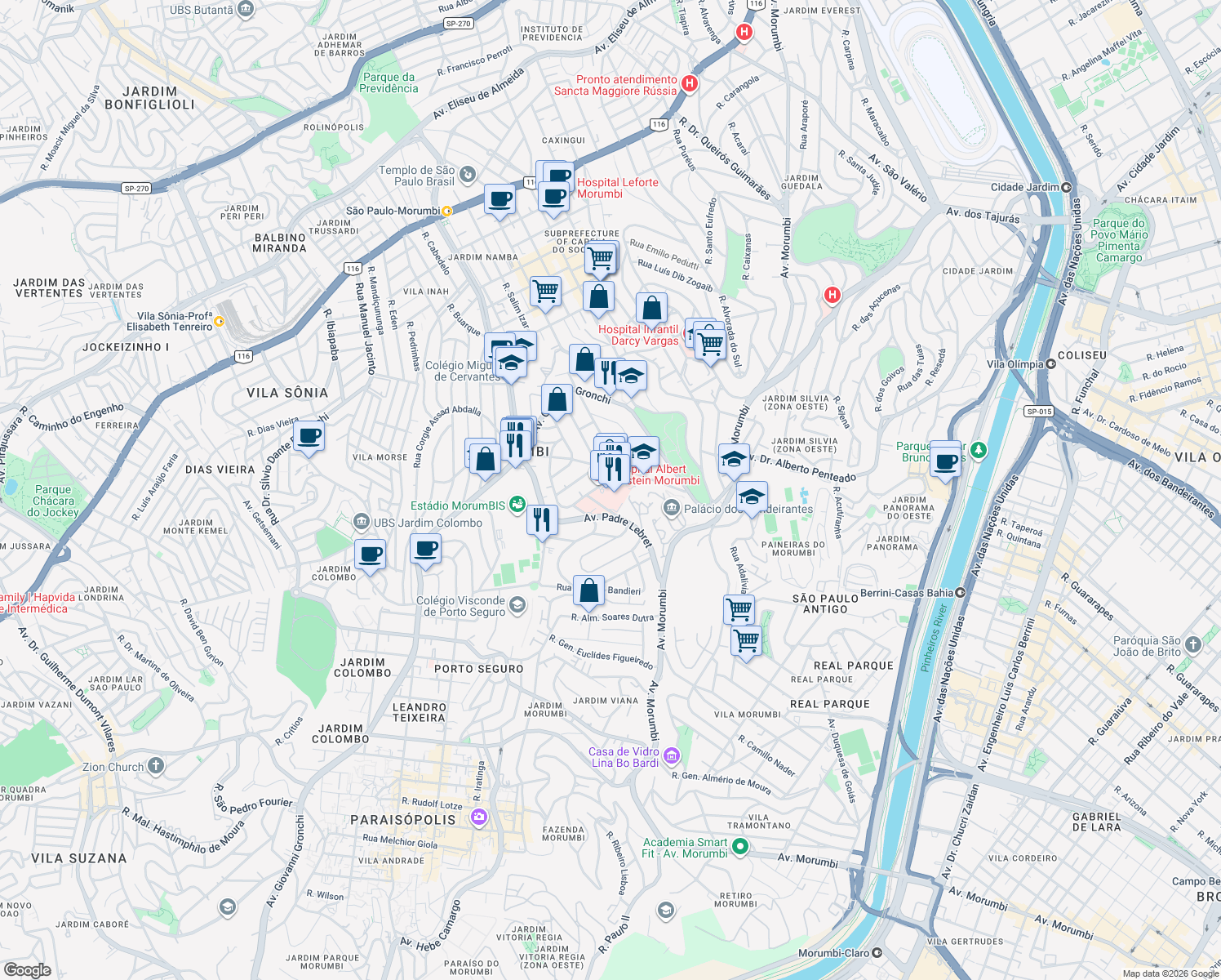 map of restaurants, bars, coffee shops, grocery stores, and more near 627 Avenida Albert Einstein in São Paulo