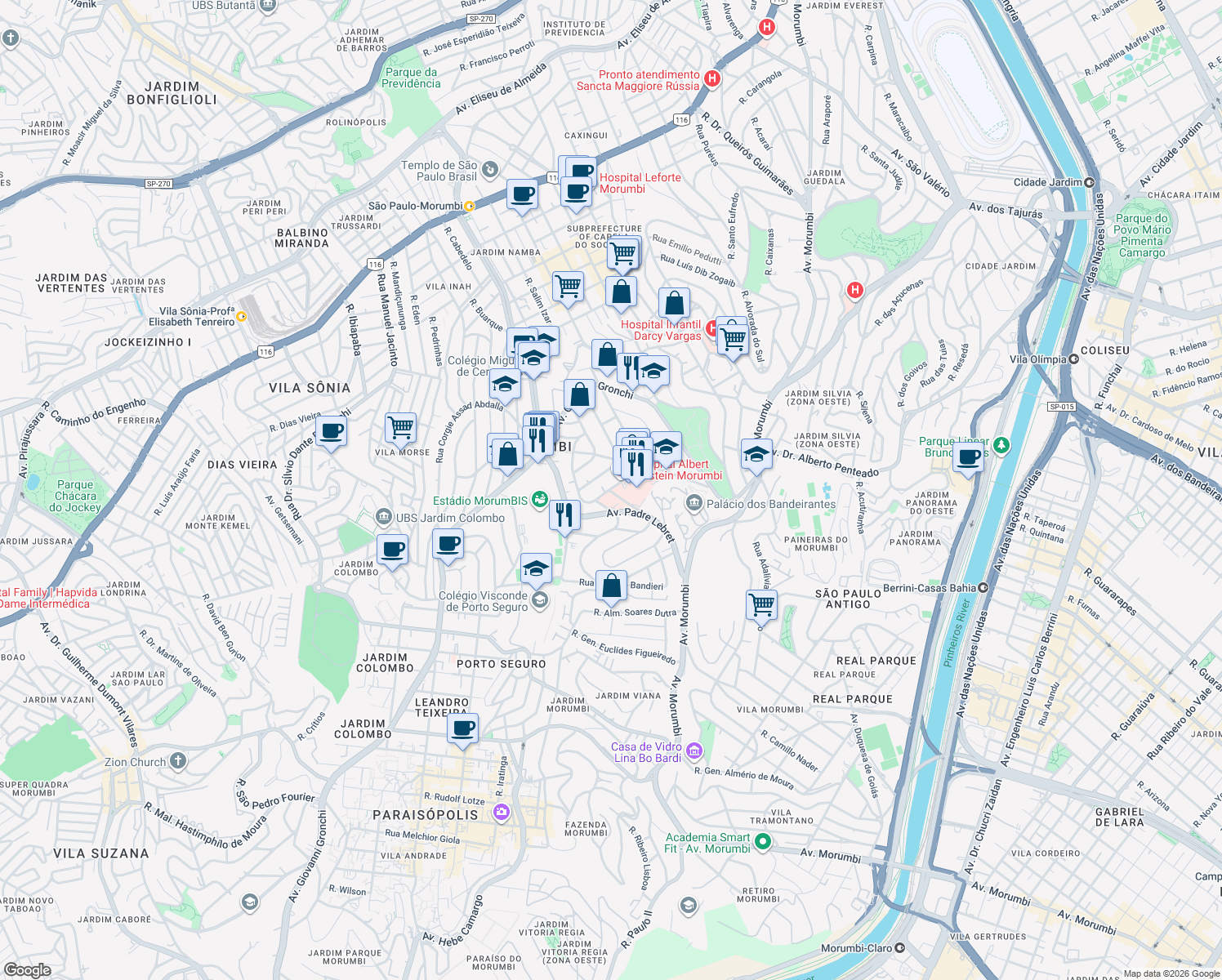 map of restaurants, bars, coffee shops, grocery stores, and more near 627 Avenida Albert Einstein in São Paulo