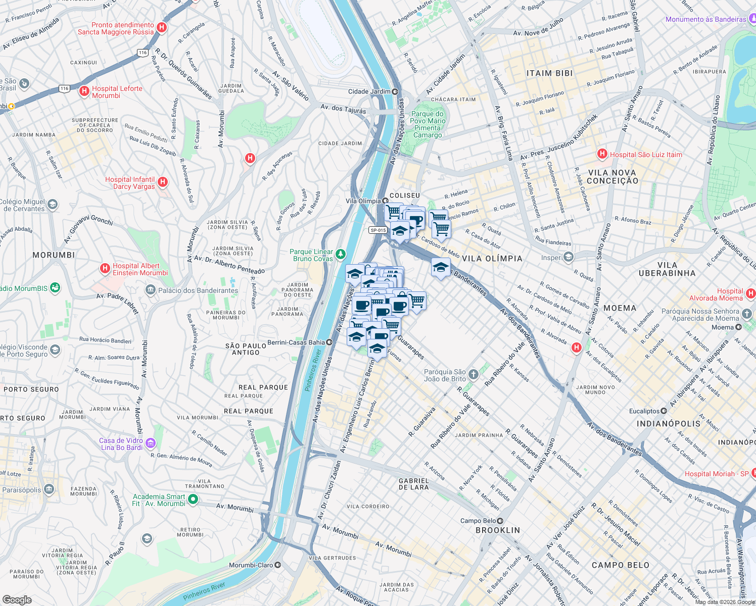 map of restaurants, bars, coffee shops, grocery stores, and more near 373 Rua Surubim in São Paulo