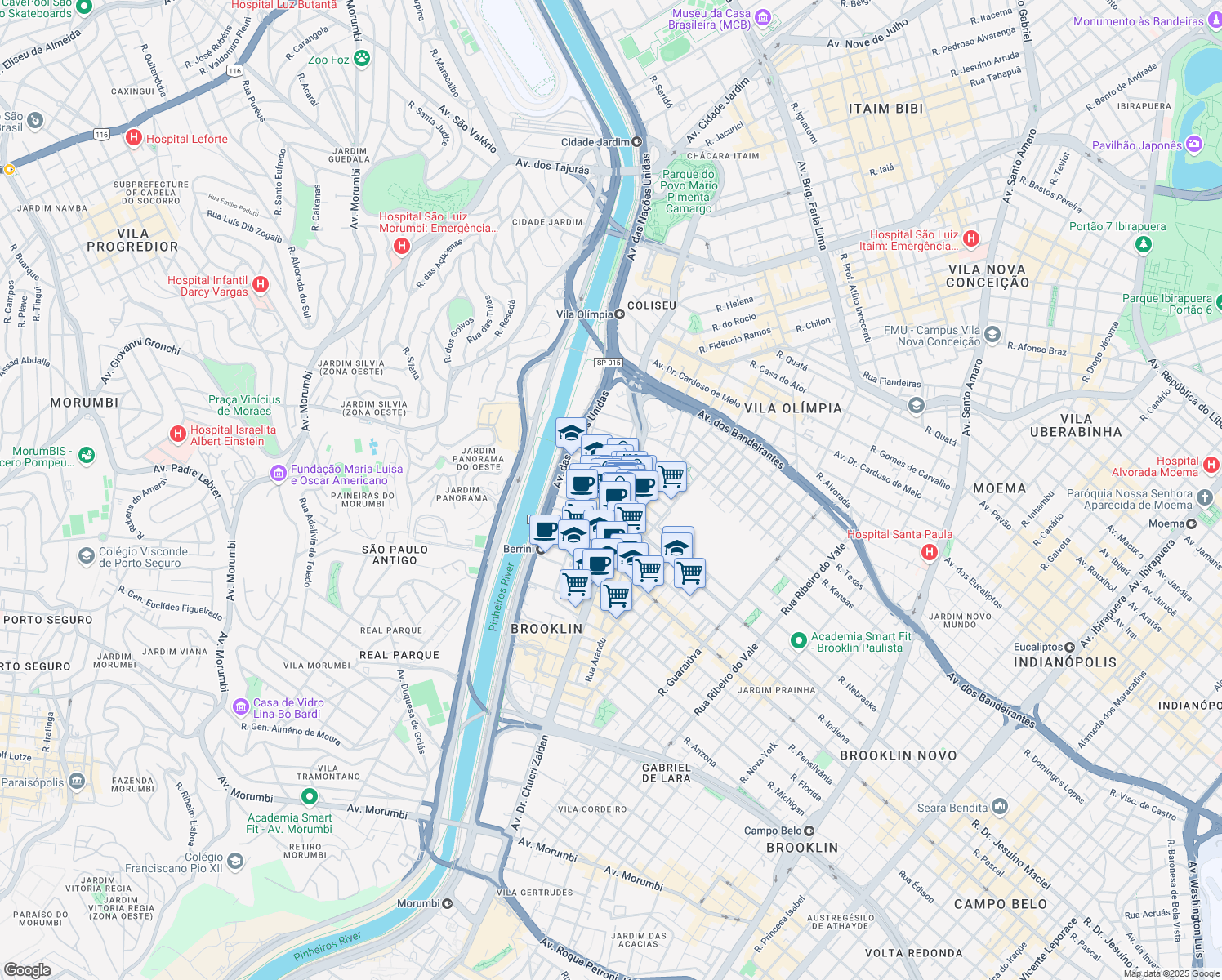 map of restaurants, bars, coffee shops, grocery stores, and more near 34 Praça João Duran Alonso in São Paulo