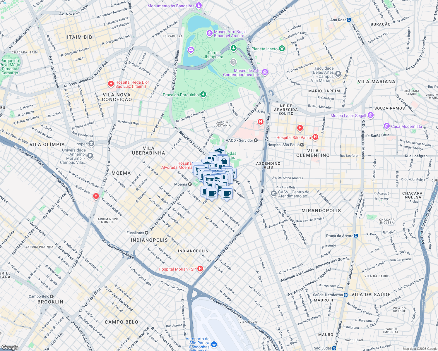 map of restaurants, bars, coffee shops, grocery stores, and more near 249 Avenida Açocê in São Paulo