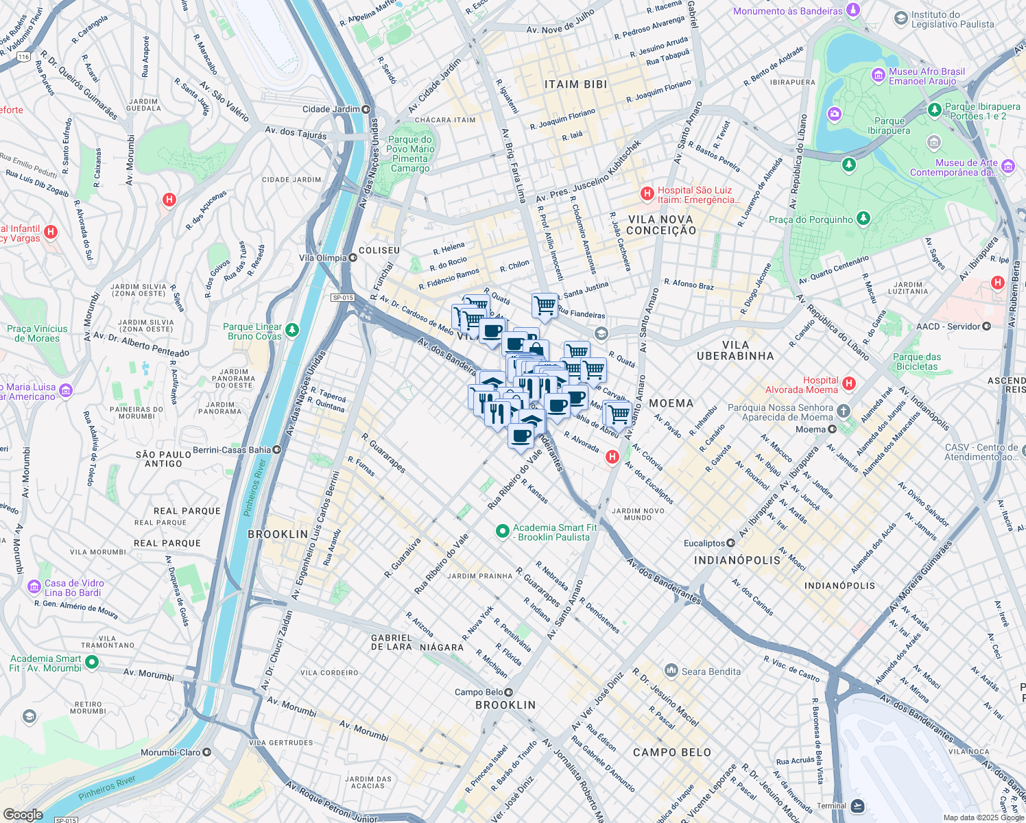 map of restaurants, bars, coffee shops, grocery stores, and more near 45 Rua Inês Pereira in São Paulo
