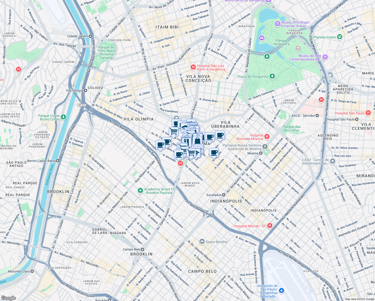 map of restaurants, bars, coffee shops, grocery stores, and more near 1308 Avenida Doutor Cardoso de Melo in São Paulo