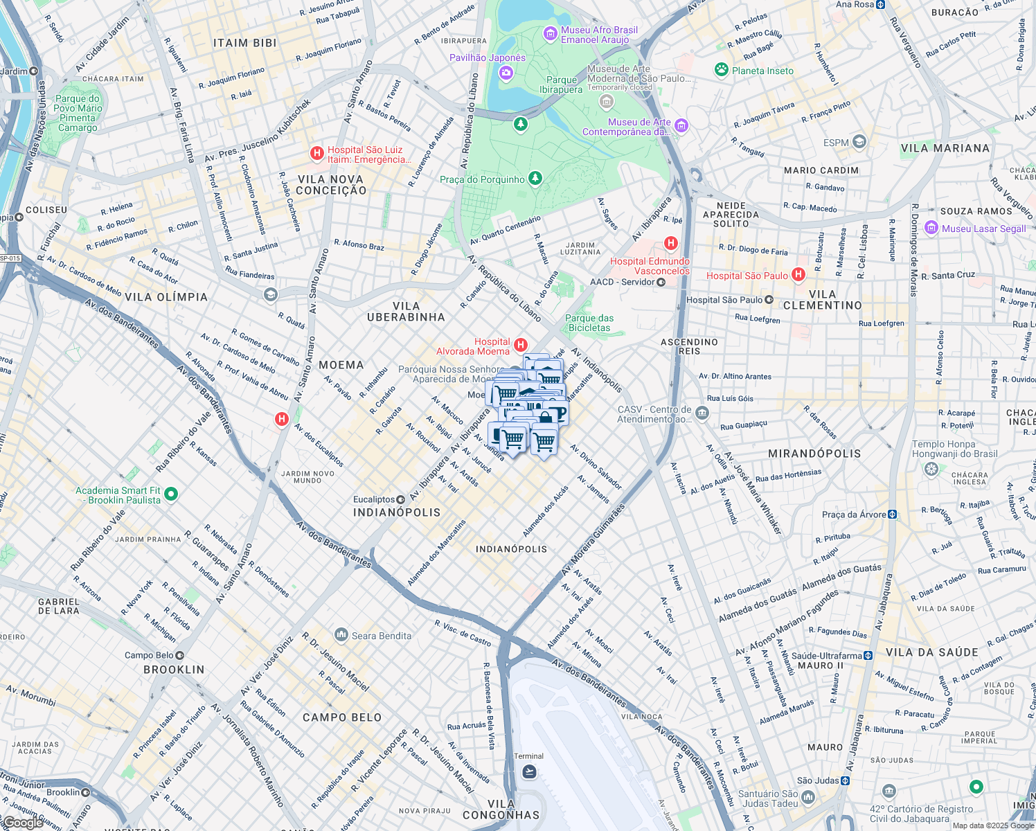 map of restaurants, bars, coffee shops, grocery stores, and more near 213 Avenida Jamaris in São Paulo