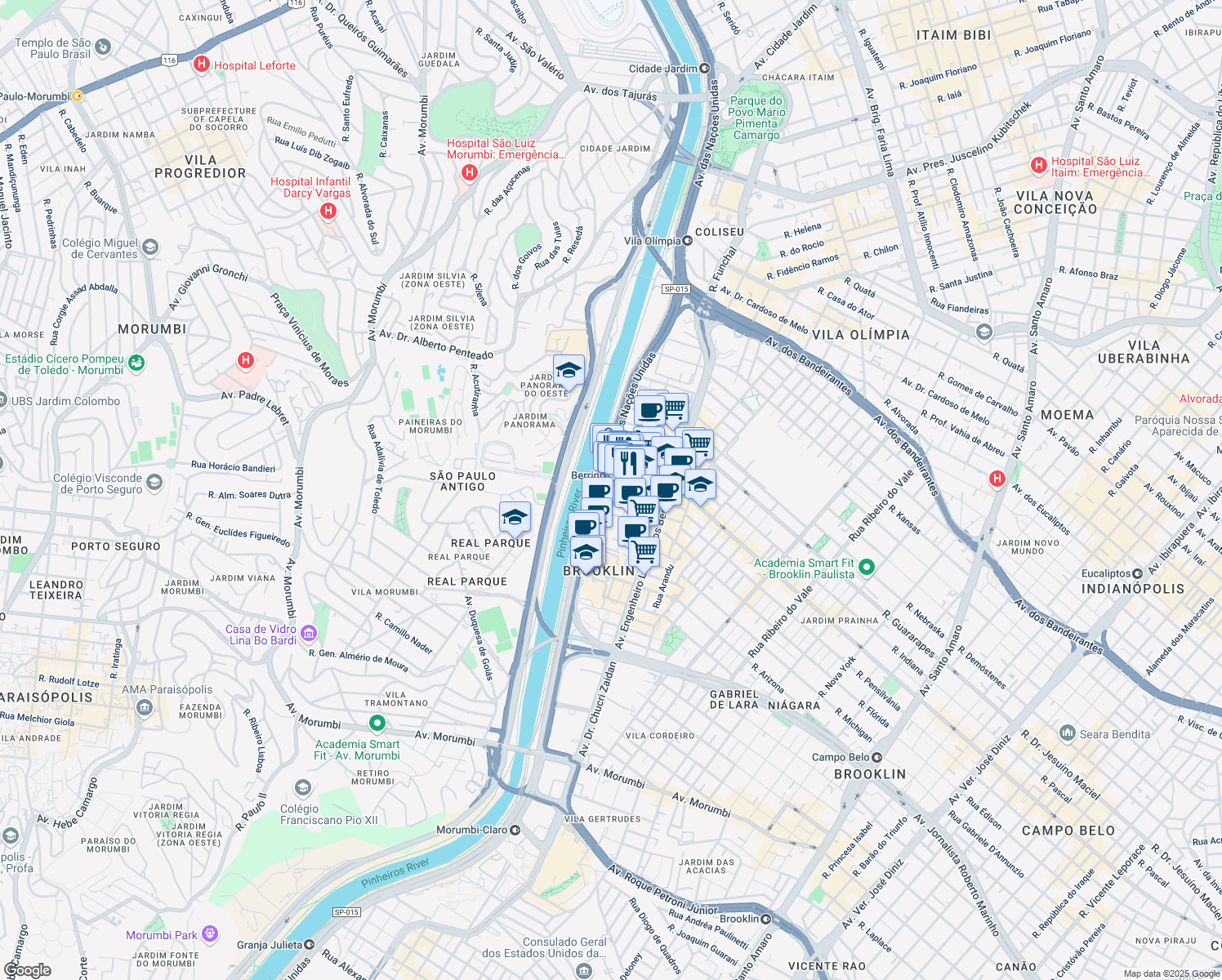 map of restaurants, bars, coffee shops, grocery stores, and more near 12995 Avenida das Nações Unidas in São Paulo