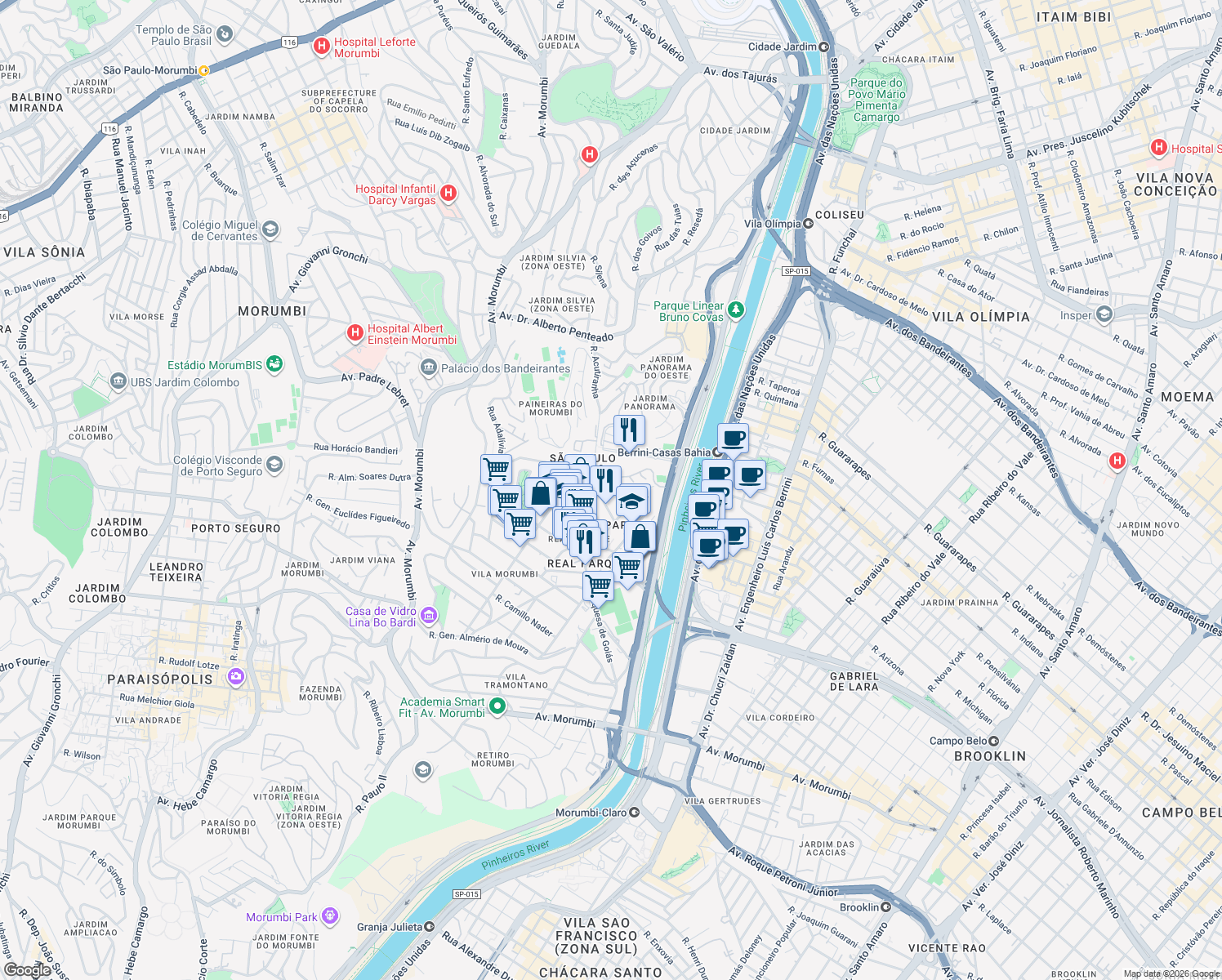 map of restaurants, bars, coffee shops, grocery stores, and more near Rua Cesar Vallejo in São Paulo