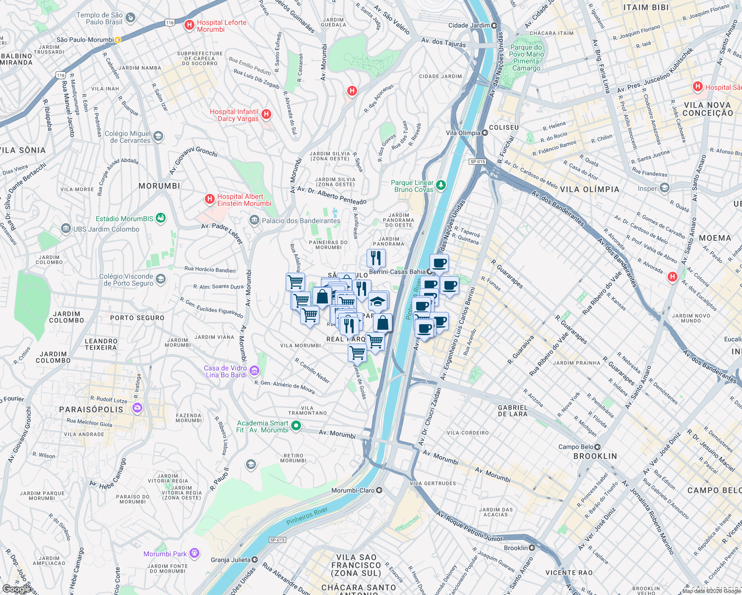 map of restaurants, bars, coffee shops, grocery stores, and more near Rua Cesar Vallejo in São Paulo