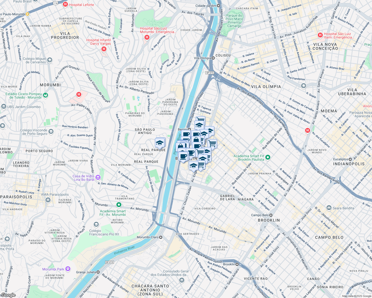map of restaurants, bars, coffee shops, grocery stores, and more near 12495 Avenida das Nações Unidas in São Paulo