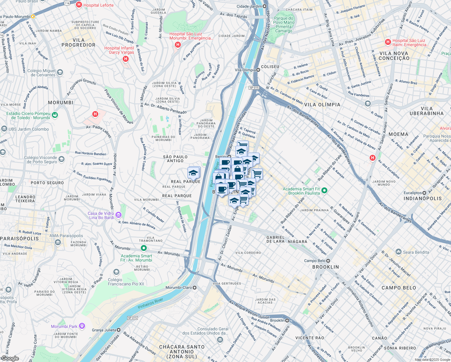 map of restaurants, bars, coffee shops, grocery stores, and more near 12495 Avenida das Nações Unidas in São Paulo