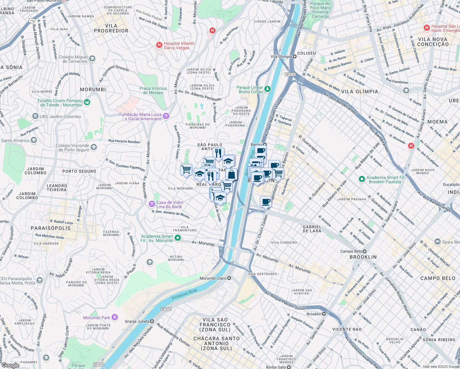 map of restaurants, bars, coffee shops, grocery stores, and more near Avenida Magalhães de Castro in São Paulo