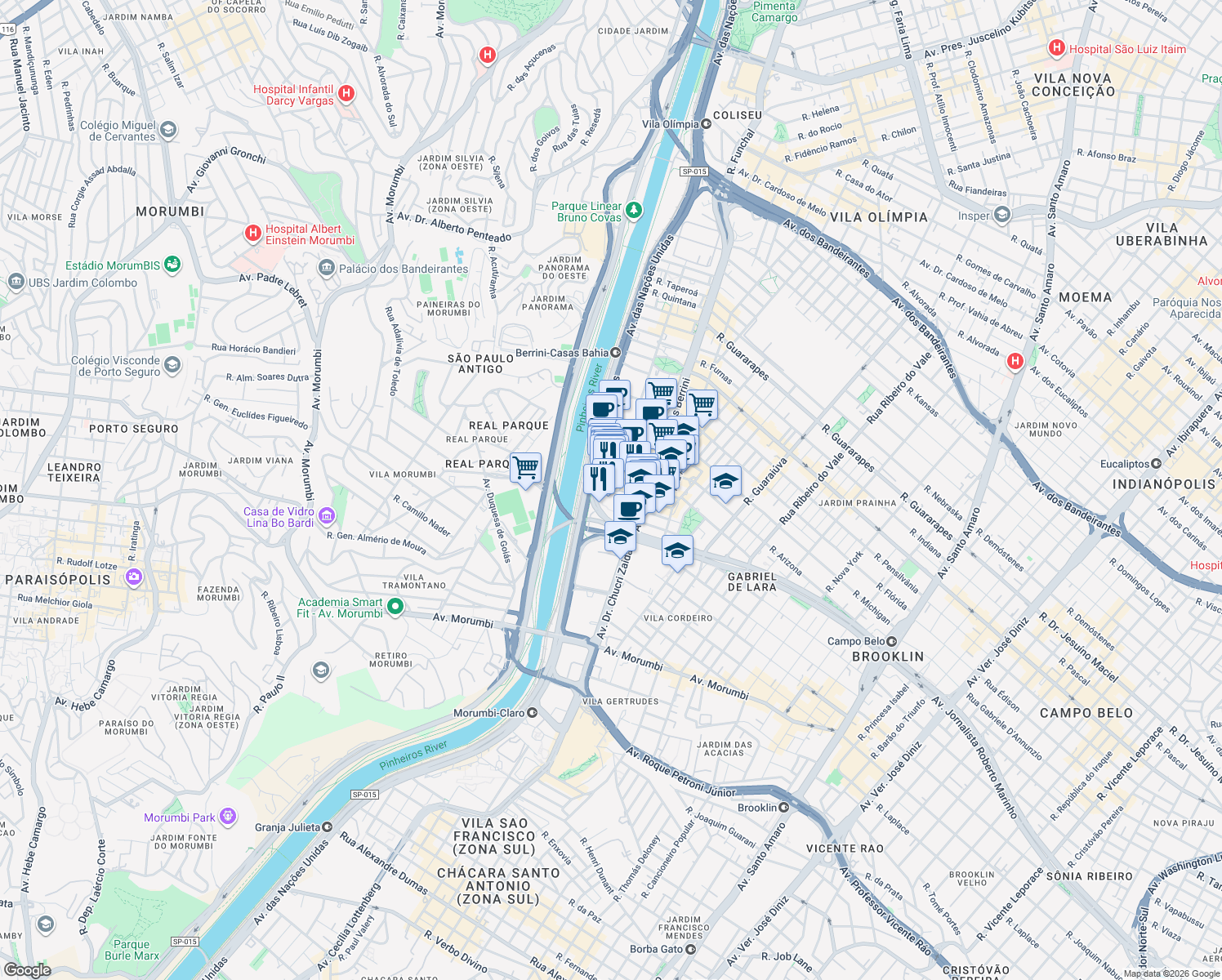 map of restaurants, bars, coffee shops, grocery stores, and more near Avenida Jornalista Roberto Marinho in São Paulo
