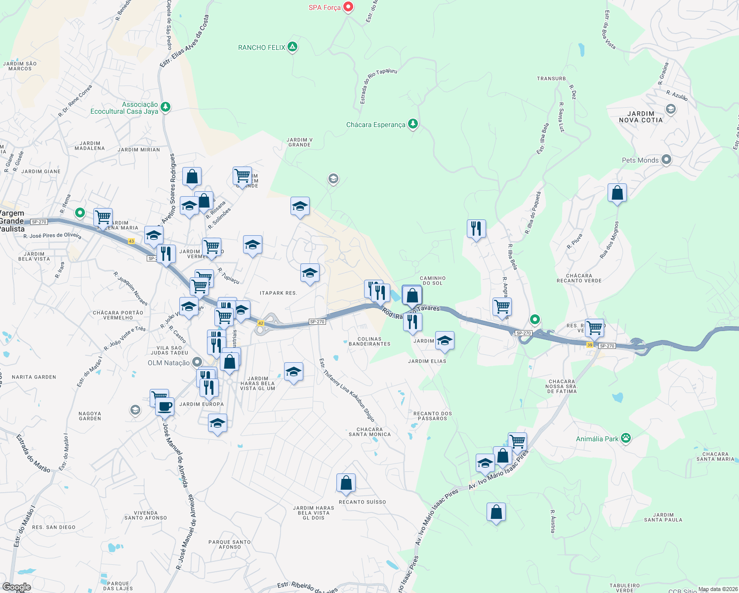 map of restaurants, bars, coffee shops, grocery stores, and more near Alameda das Indústrias in Vargem Grande Paulista