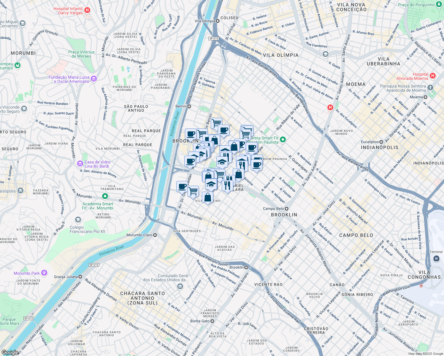 map of restaurants, bars, coffee shops, grocery stores, and more near 772 Avenida Jornalista Roberto Marinho in São Paulo